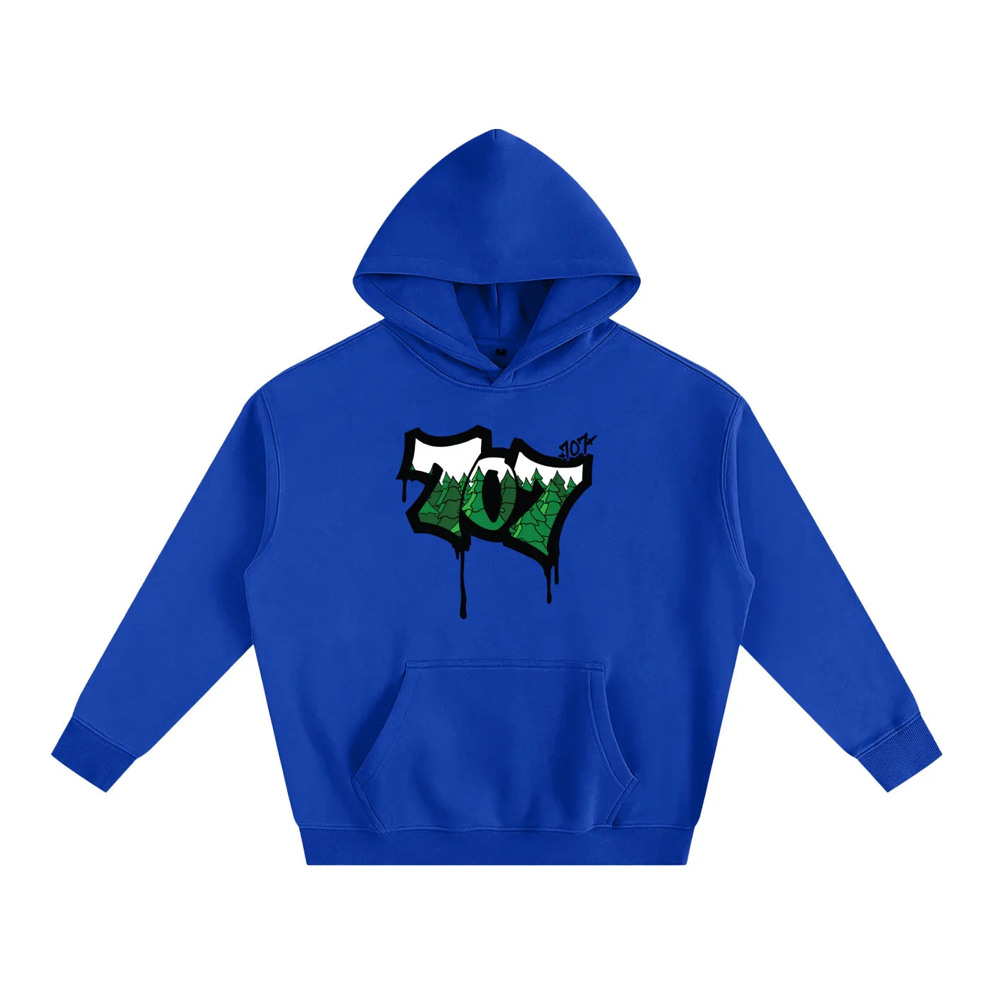 Royal blue hoodie with 707 forest graphic, blending outdoor and streetwear style