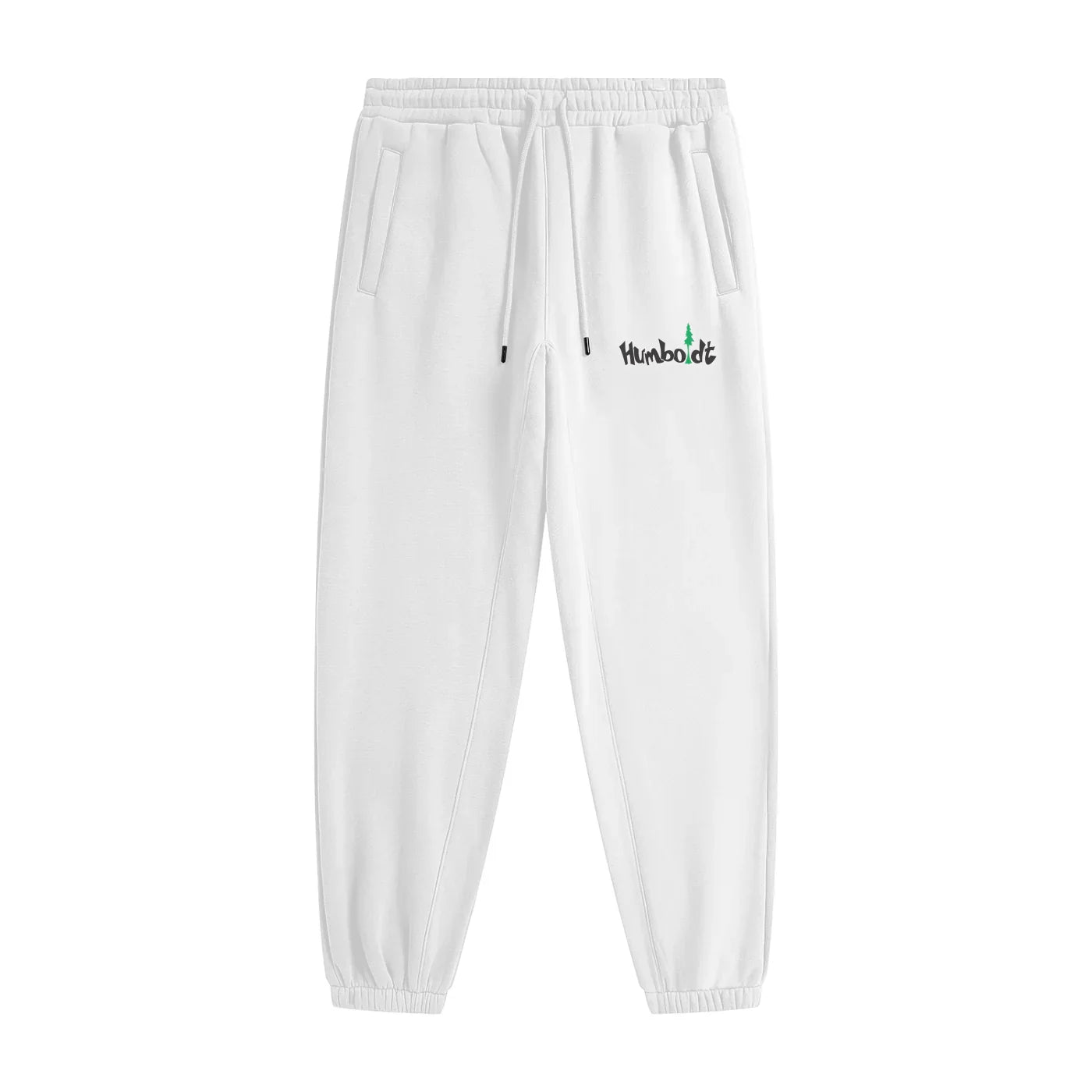 White jogger sweatpants with Humboldt logo, featuring drawstring waist and side pockets for casual comfort.