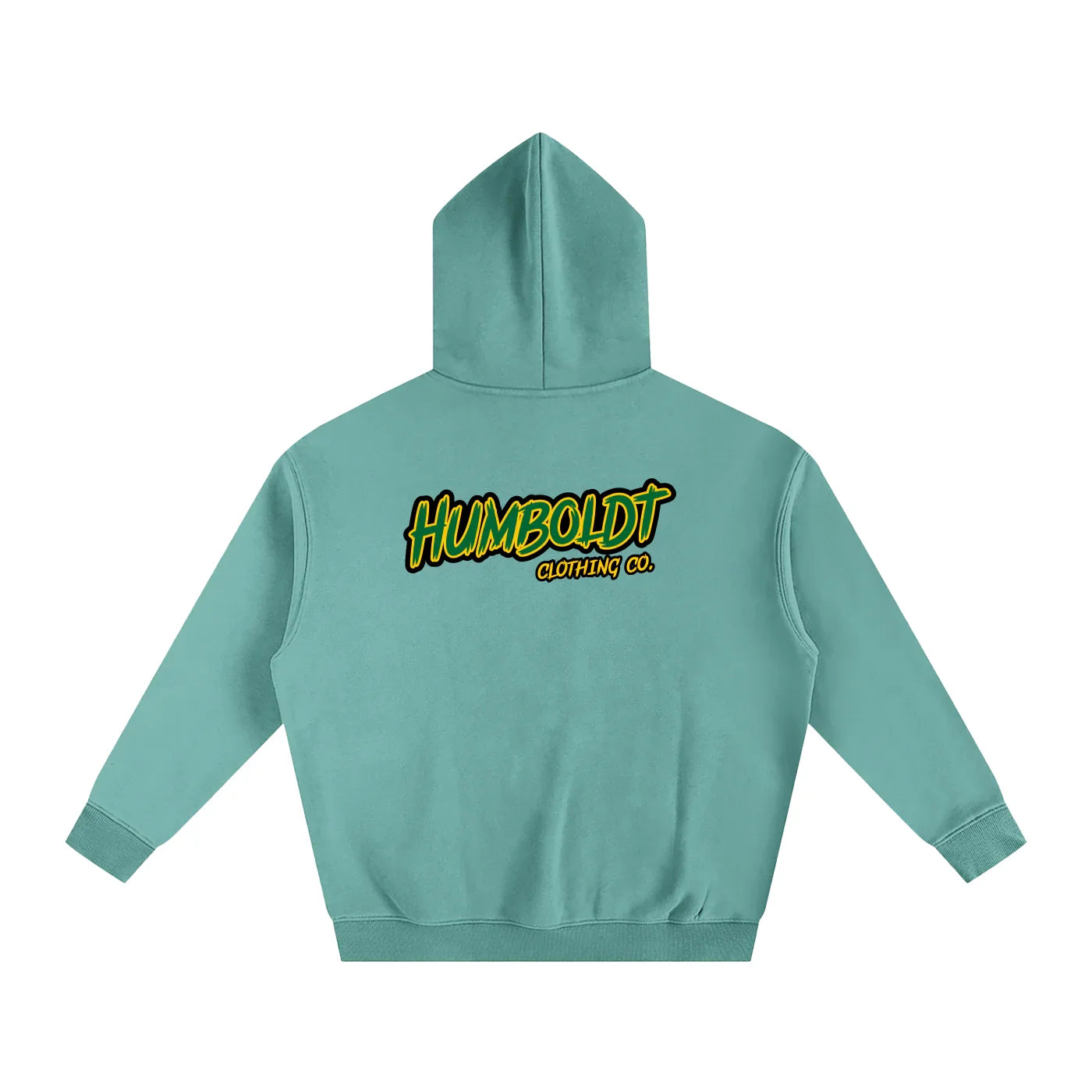 Teal hoodie with Humboldt Clothing Co. logo, streetwear style, outdoors inspired design