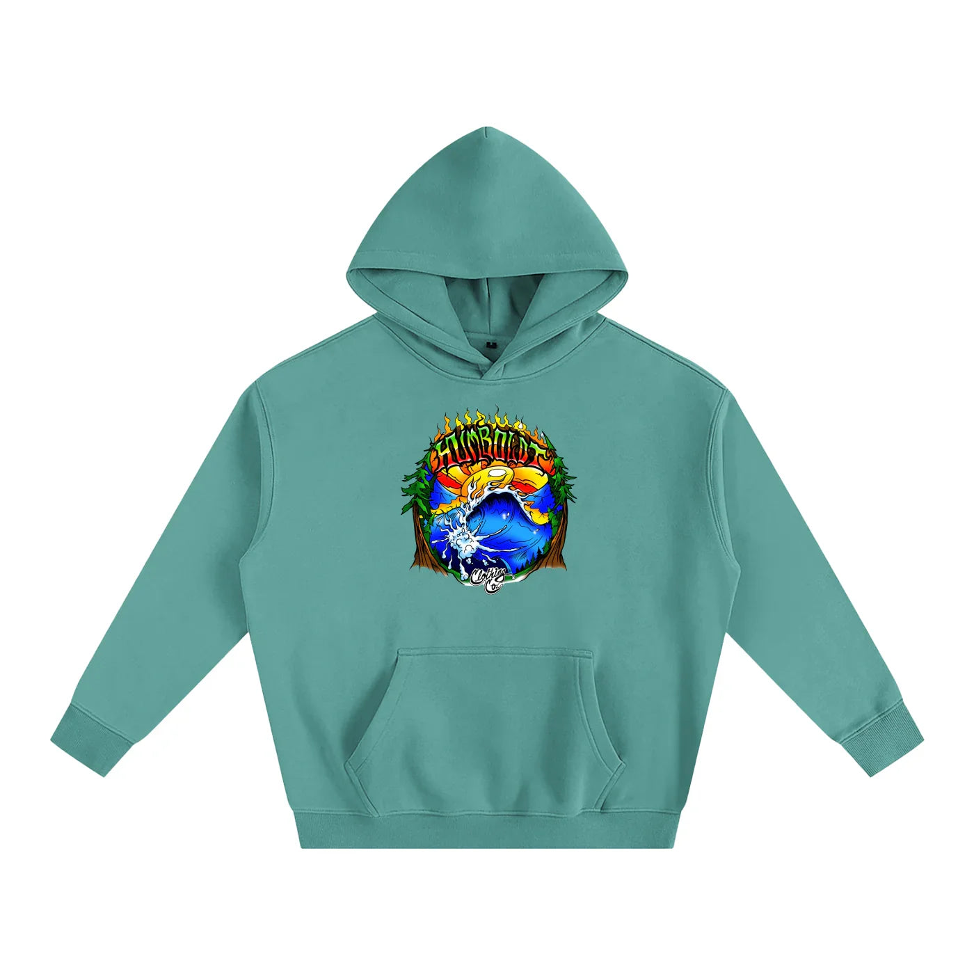 Teal hoodie with vibrant Humboldt graphic, blending nature and urban streetwear style