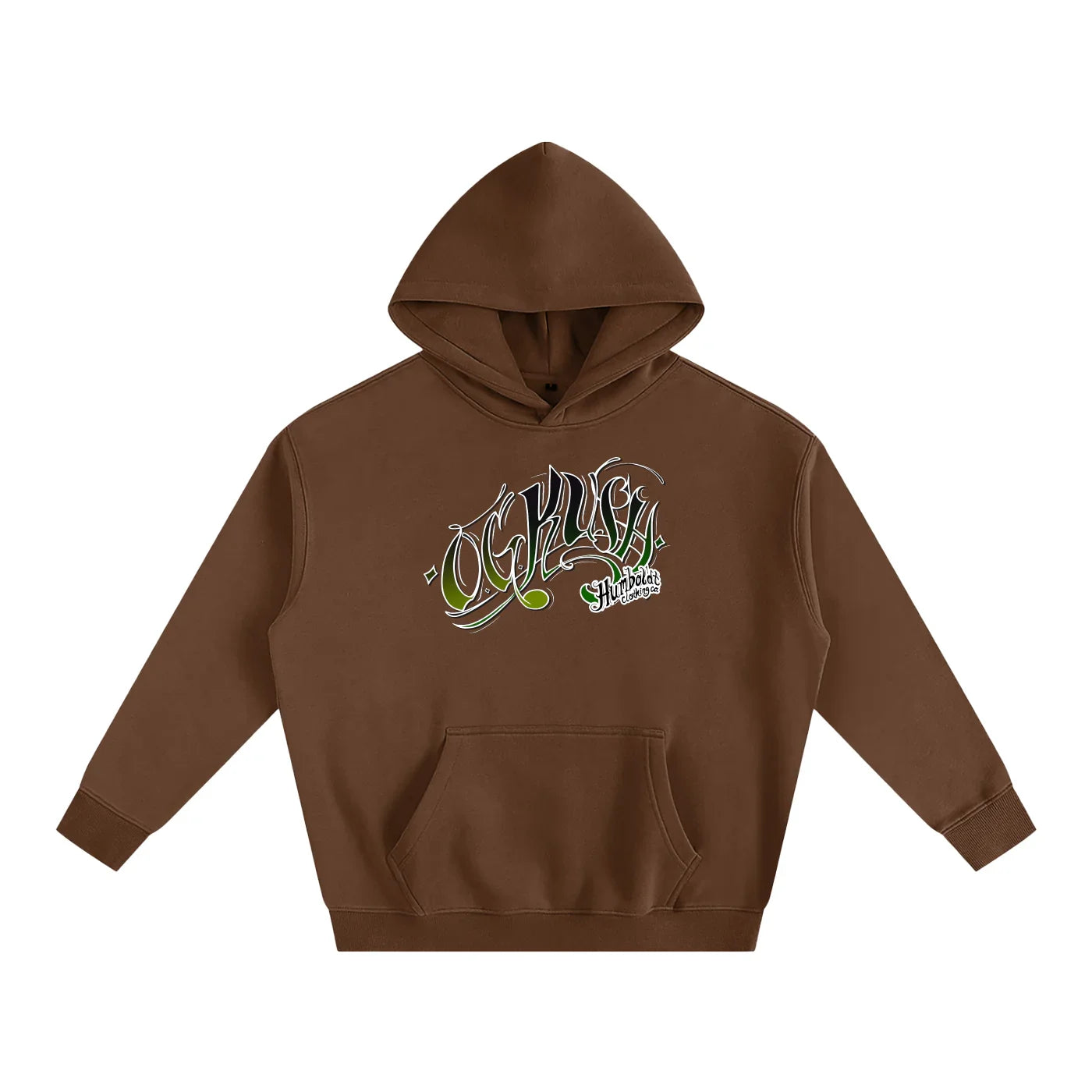 Brown hoodie with green and white OG Kush graphic, Humboldt Clothing Co. design