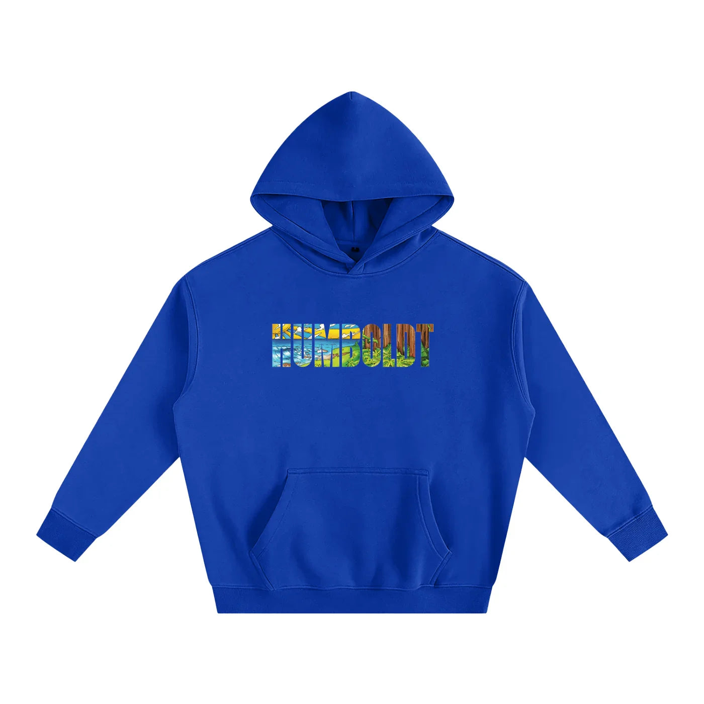 Royal blue hoodie with colorful 'HUMBOLDT' graphic, blending nature scenes for outdoor and streetwear style.