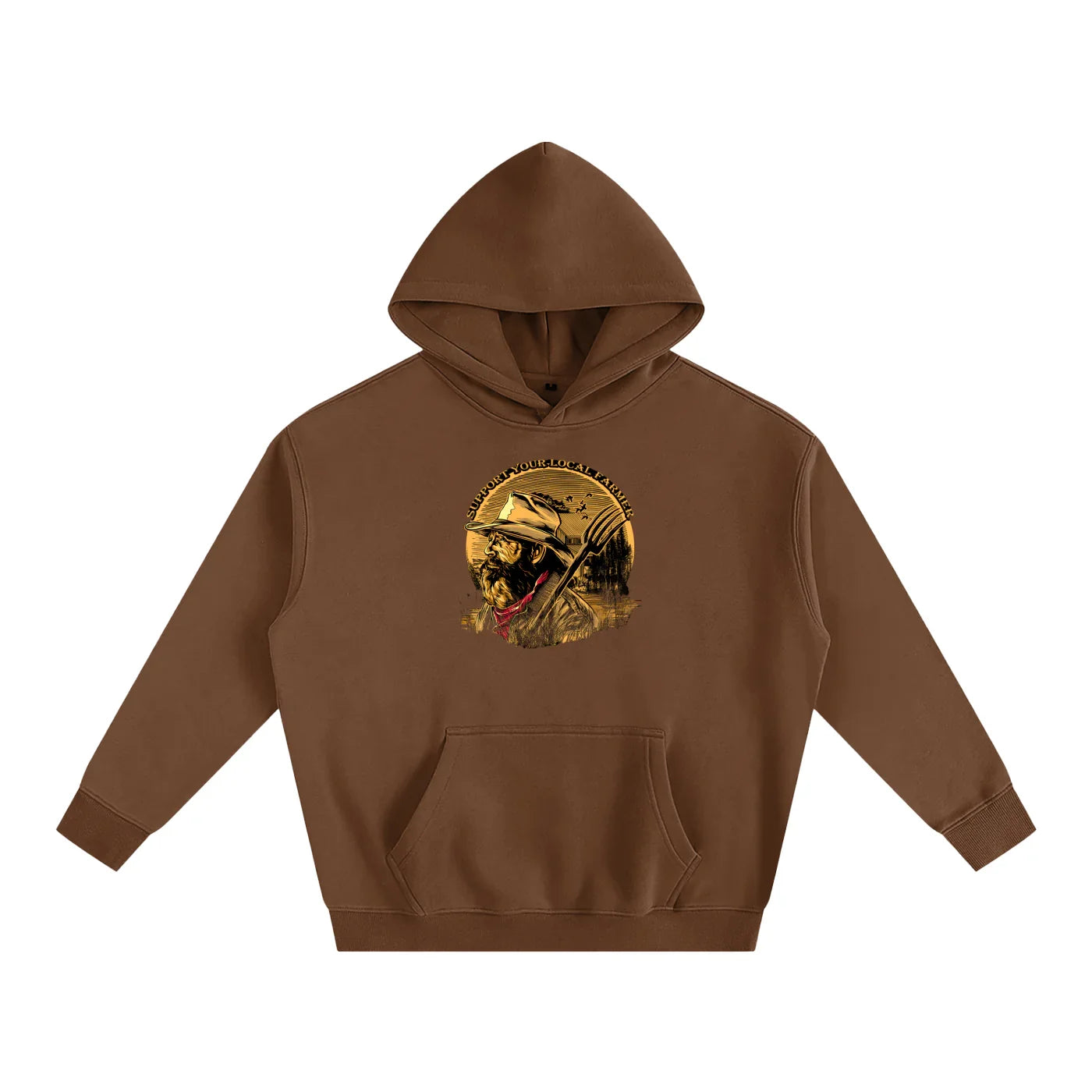 Brown hoodie with farmer graphic, 'Support Your Local Farmer' text, rugged outdoor style
