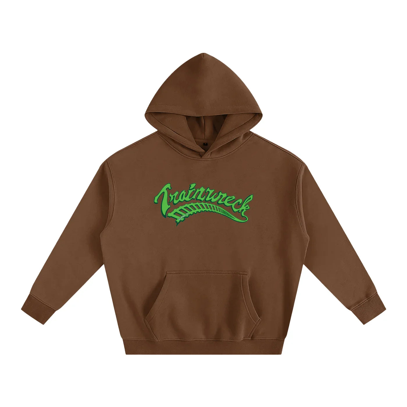 Brown hoodie with green 'Trainwreck' graphic, outdoor streetwear style