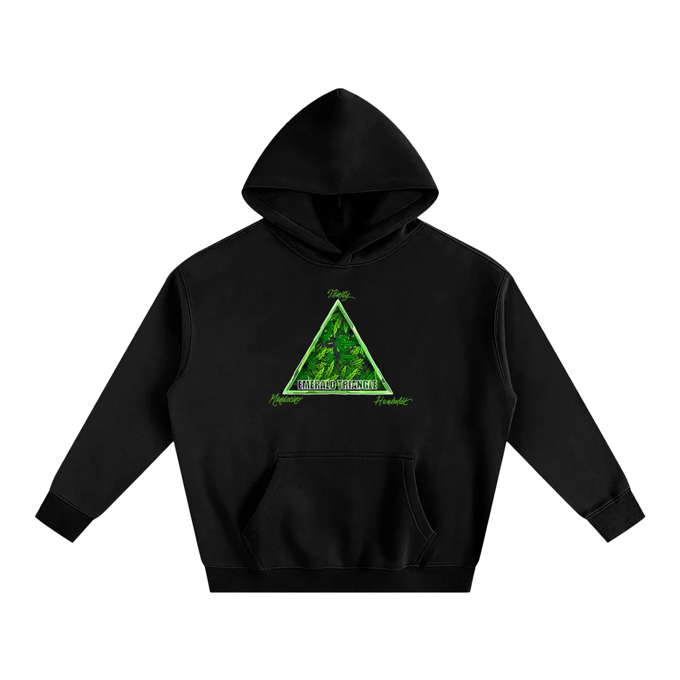 Black hoodie with green 'Emerald Triangle' forest graphic, blending outdoor and streetwear style.