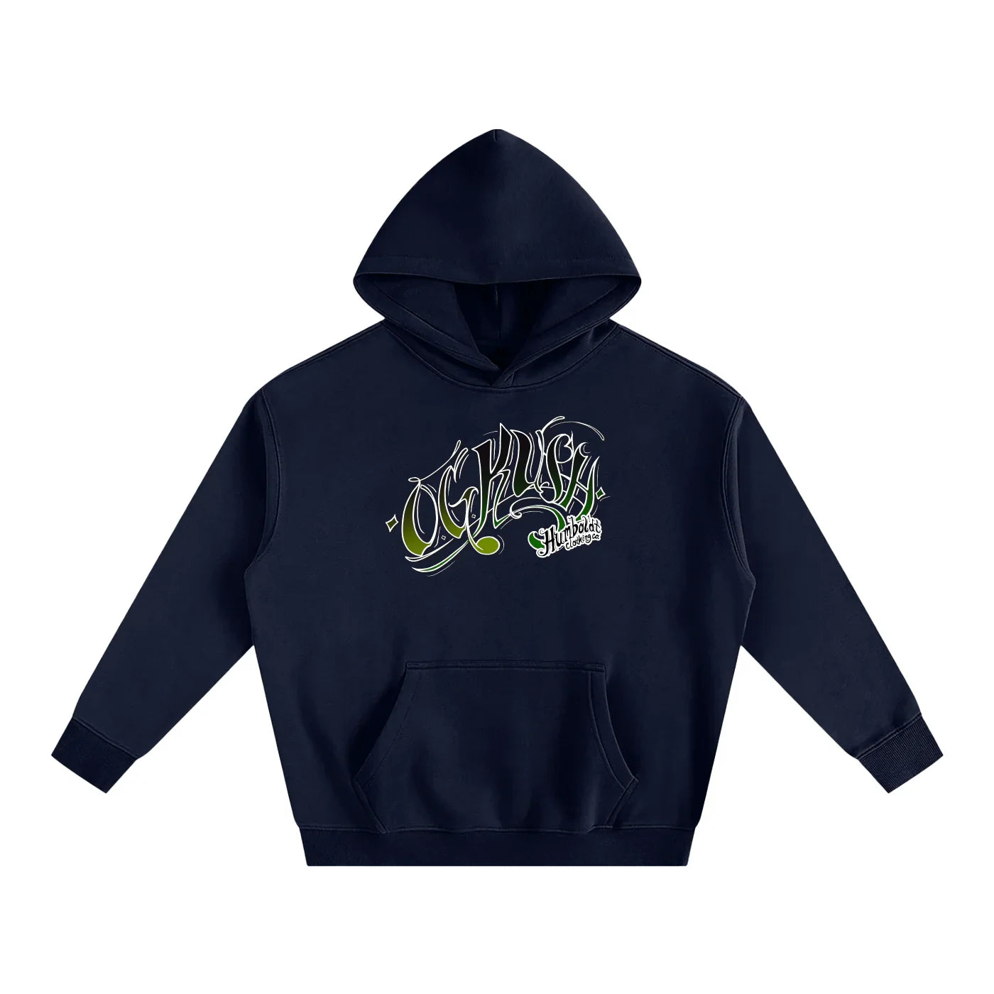 Navy hoodie with green and white 'OG Kush' graphic, blending Humboldt County streetwear style