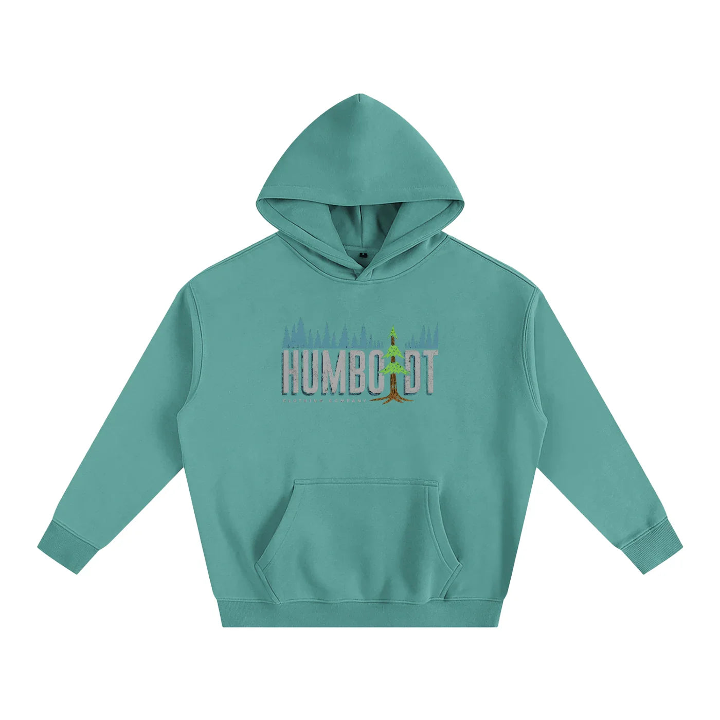 Teal hoodie with Humboldt forest graphic, blending outdoor and streetwear style