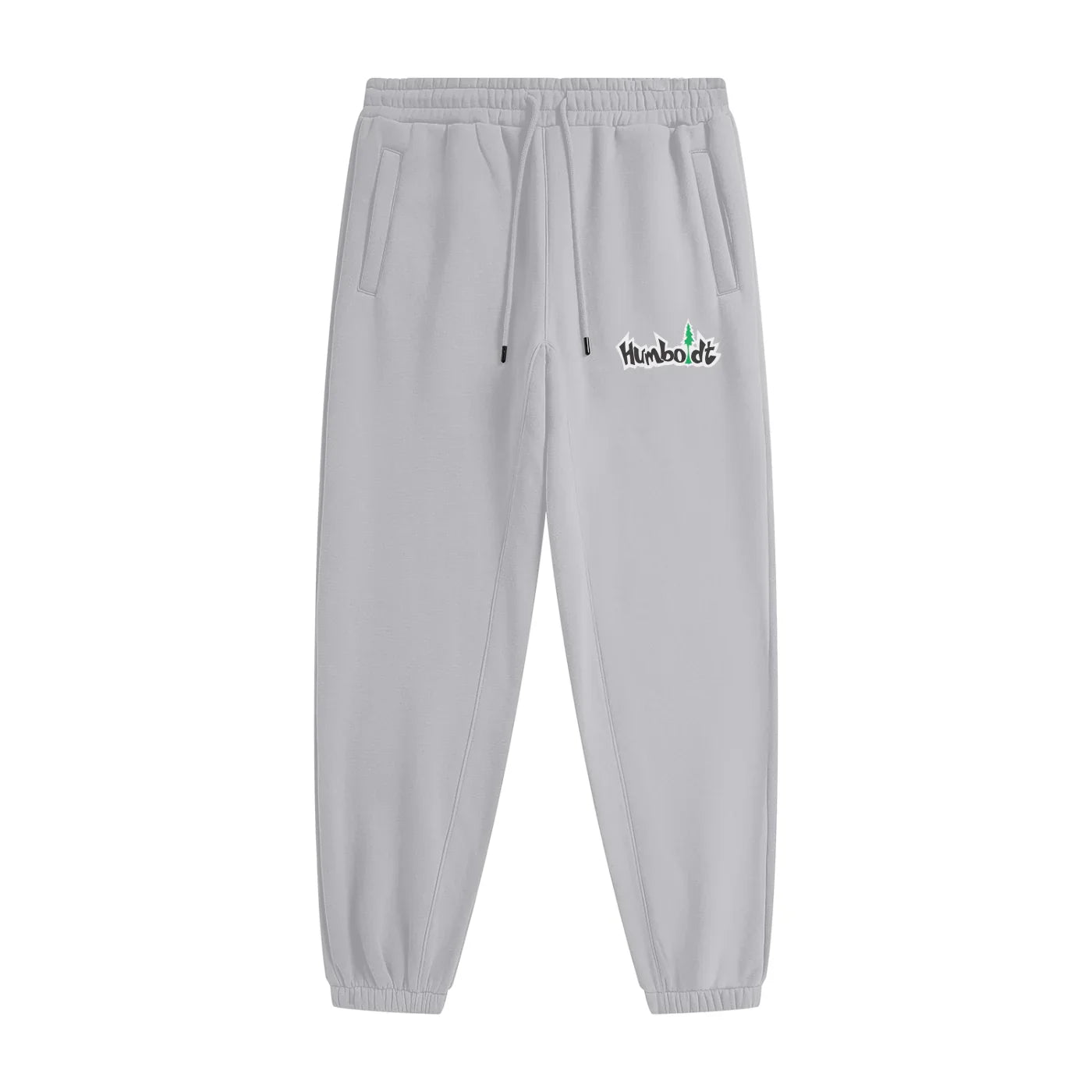 Gray jogger sweatpants with Humboldt logo, featuring drawstring waist and side pockets for casual comfort.