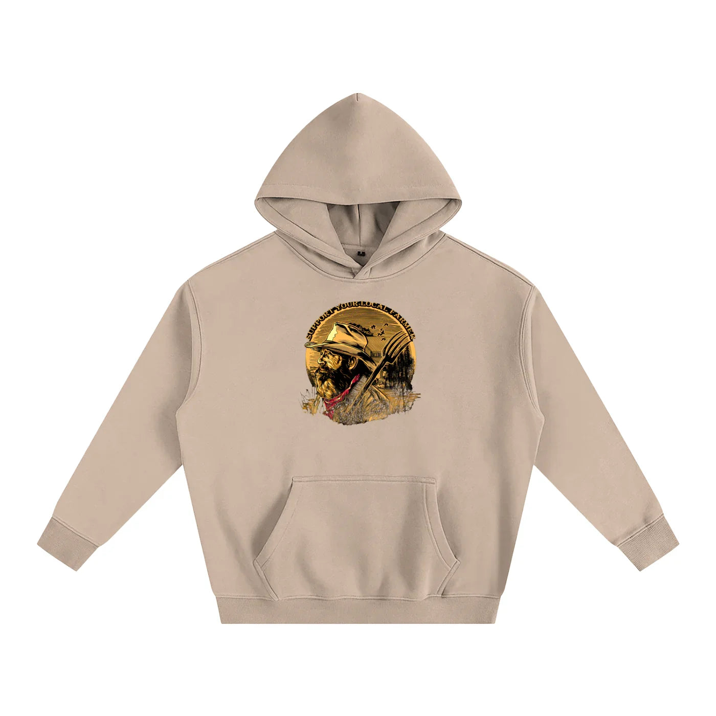 Beige hoodie with farmer graphic, 'Support Your Local Farmer' text, rustic outdoor style