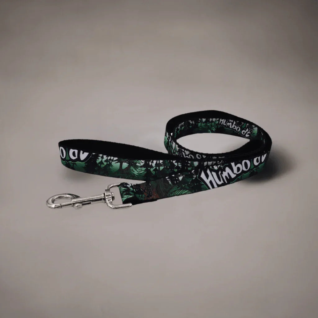 Green forest print dog leash with 'Humboldt' text, rugged outdoor style accessory