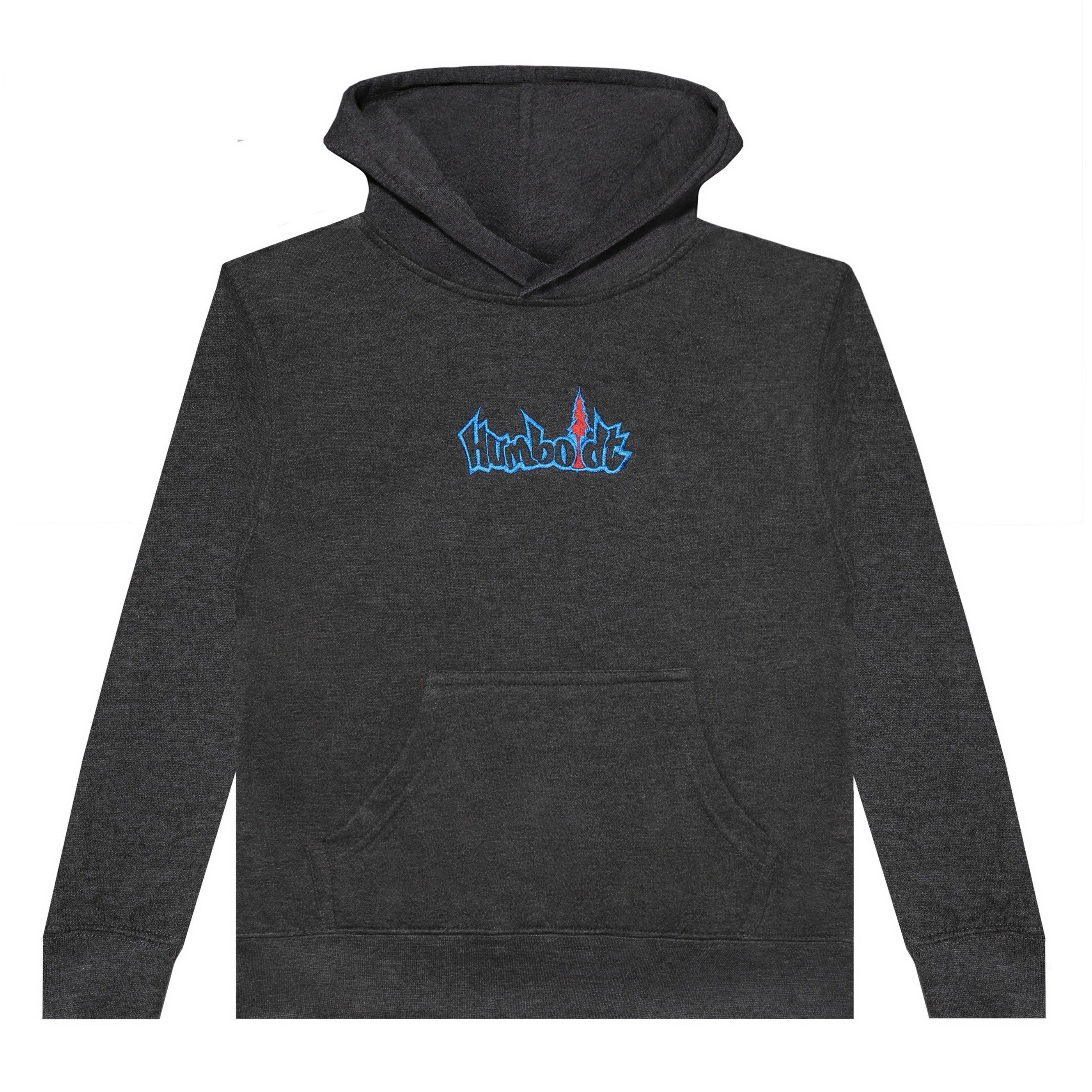 Dark gray hoodie with embroidered Humboldt logo, blending outdoor and streetwear style
