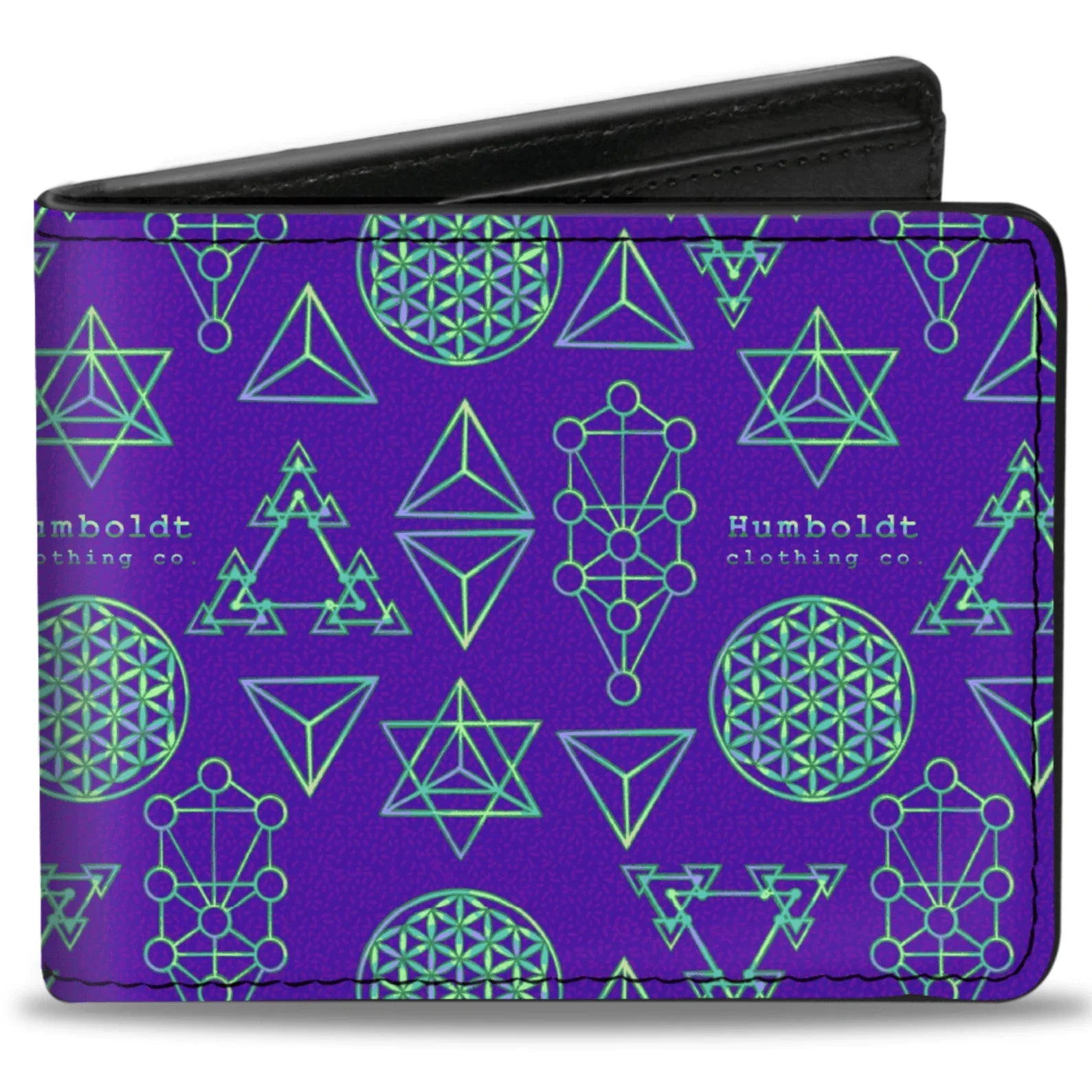 Purple wallet with green sacred geometry patterns and Humboldt clothing co. text