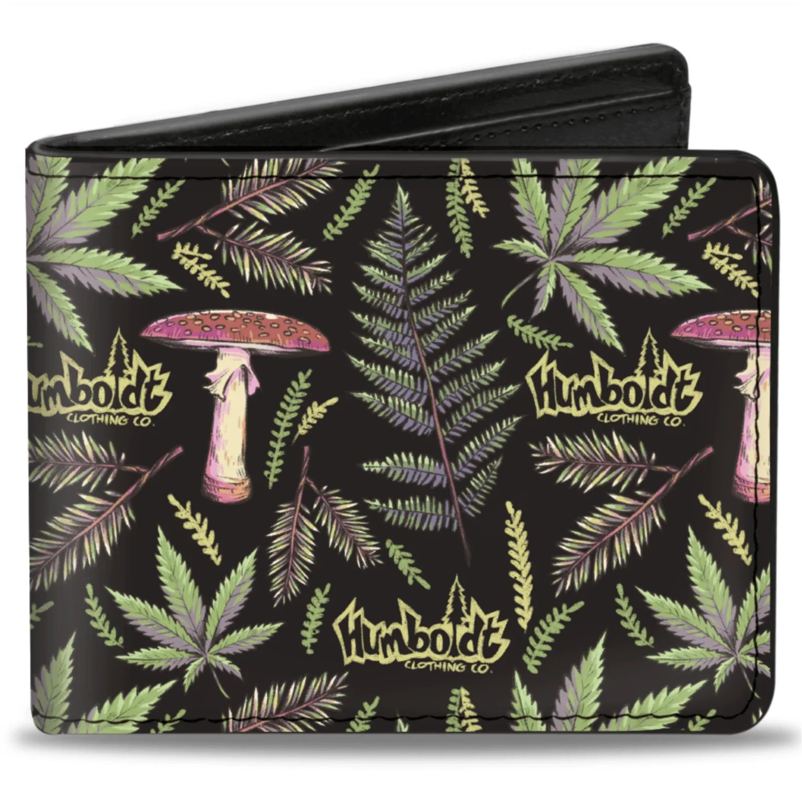 Black wallet with Humboldt Clothing Co. logo, mushrooms, ferns, and cannabis leaves on dark background