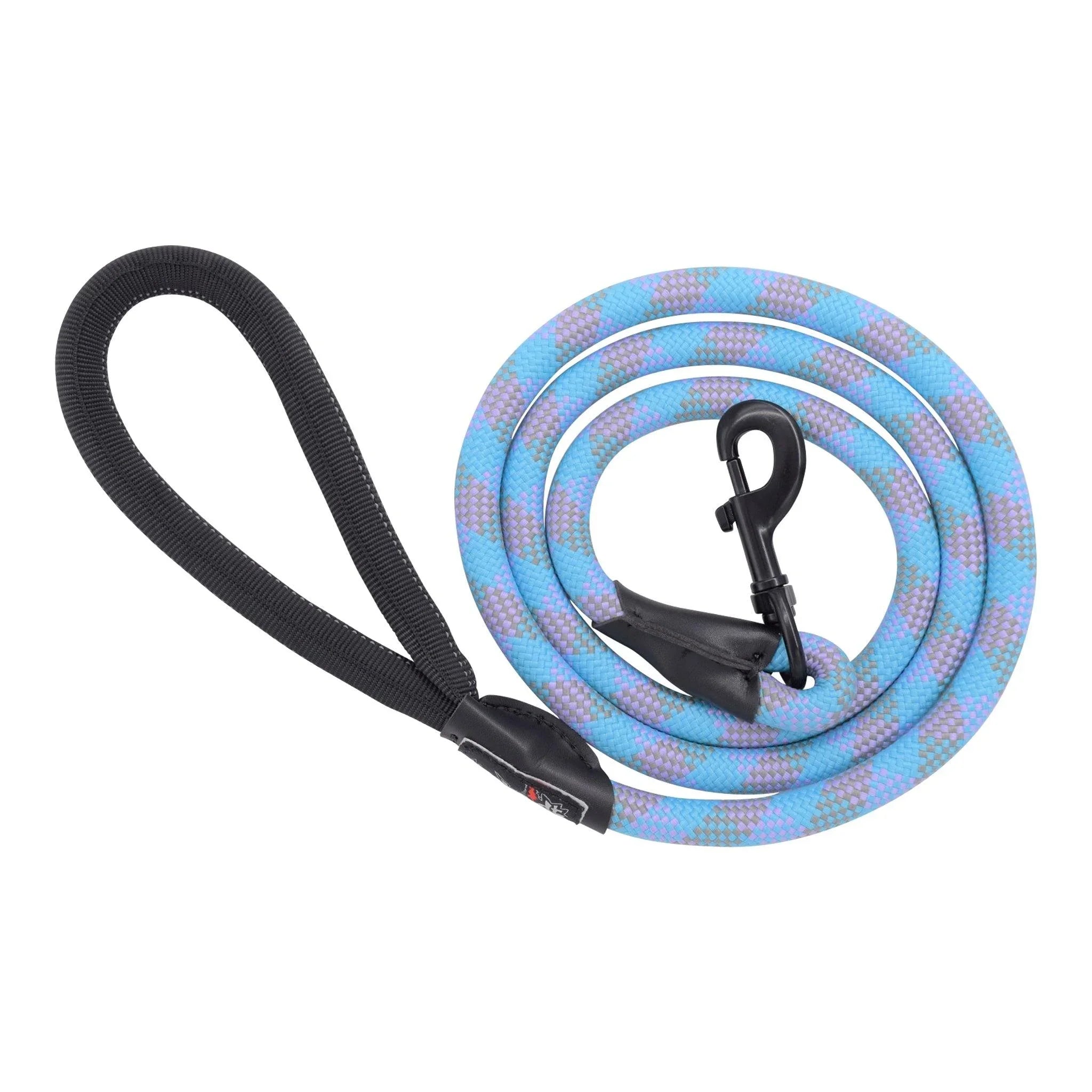 Blue and purple patterned dog leash with black handle and clip, coiled for outdoor adventures