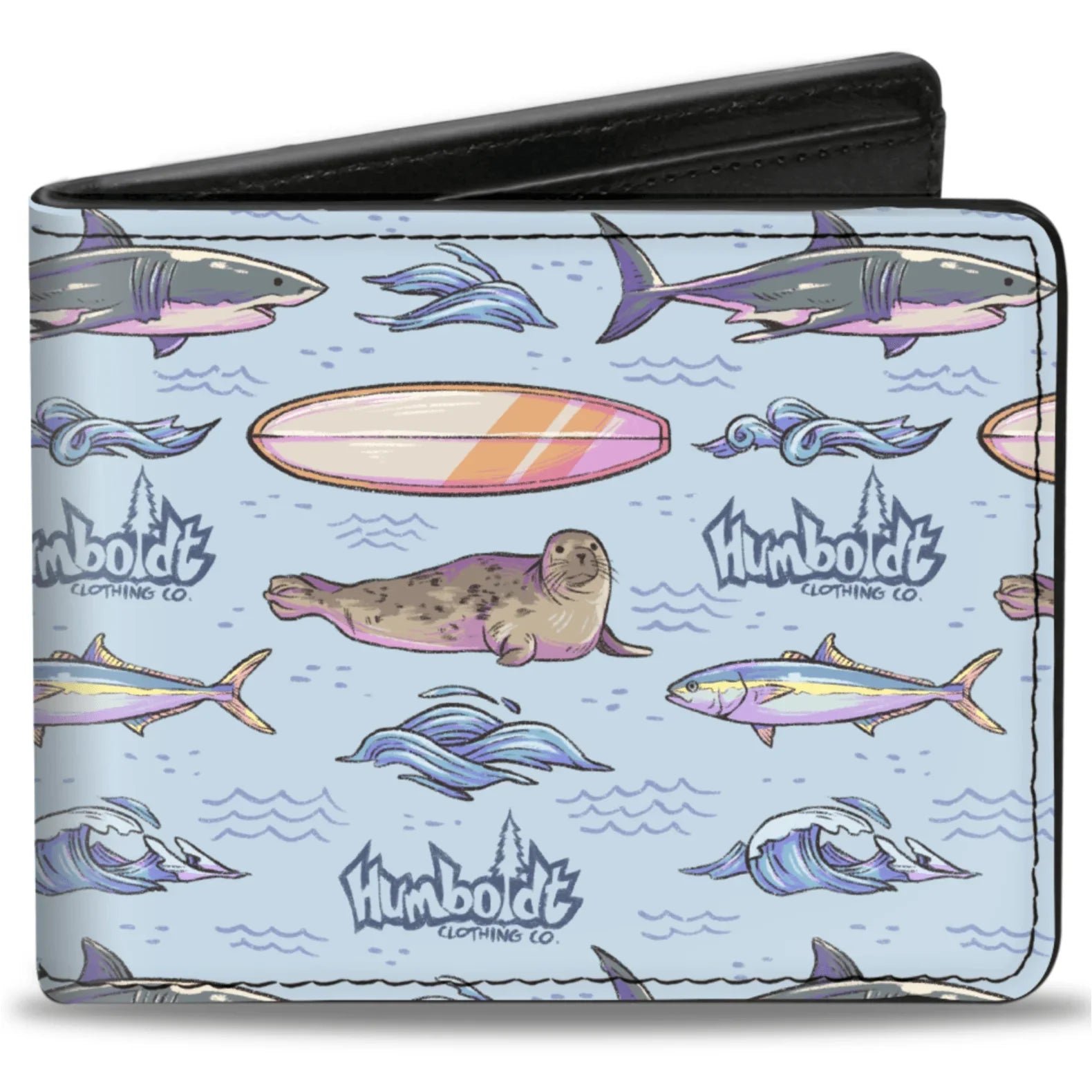 Ocean-themed wallet with sharks, seal, surfboard, and Humboldt Clothing Co. logo on light blue background
