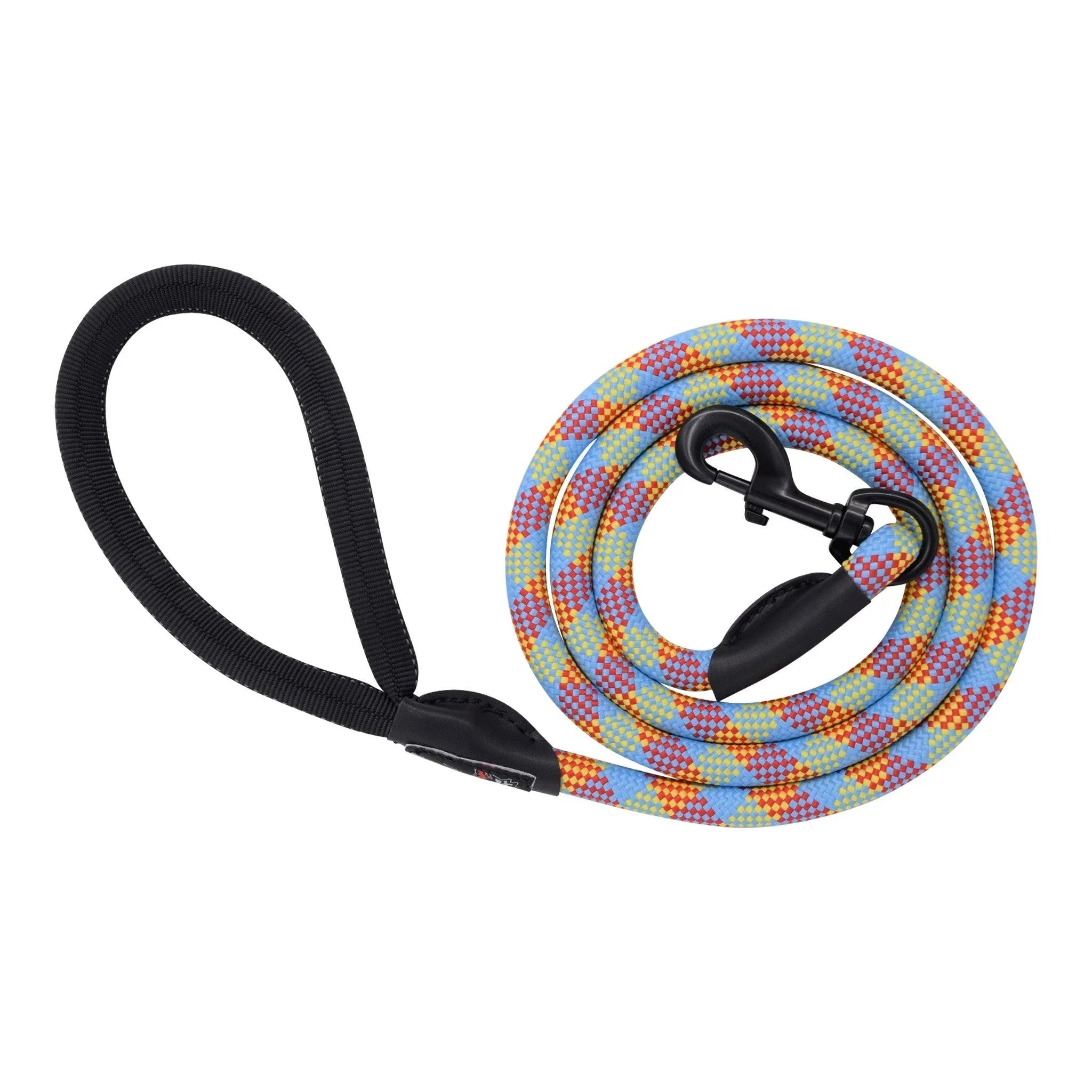 Colorful woven dog leash with black handle and clip, perfect for outdoor adventures and urban walks.