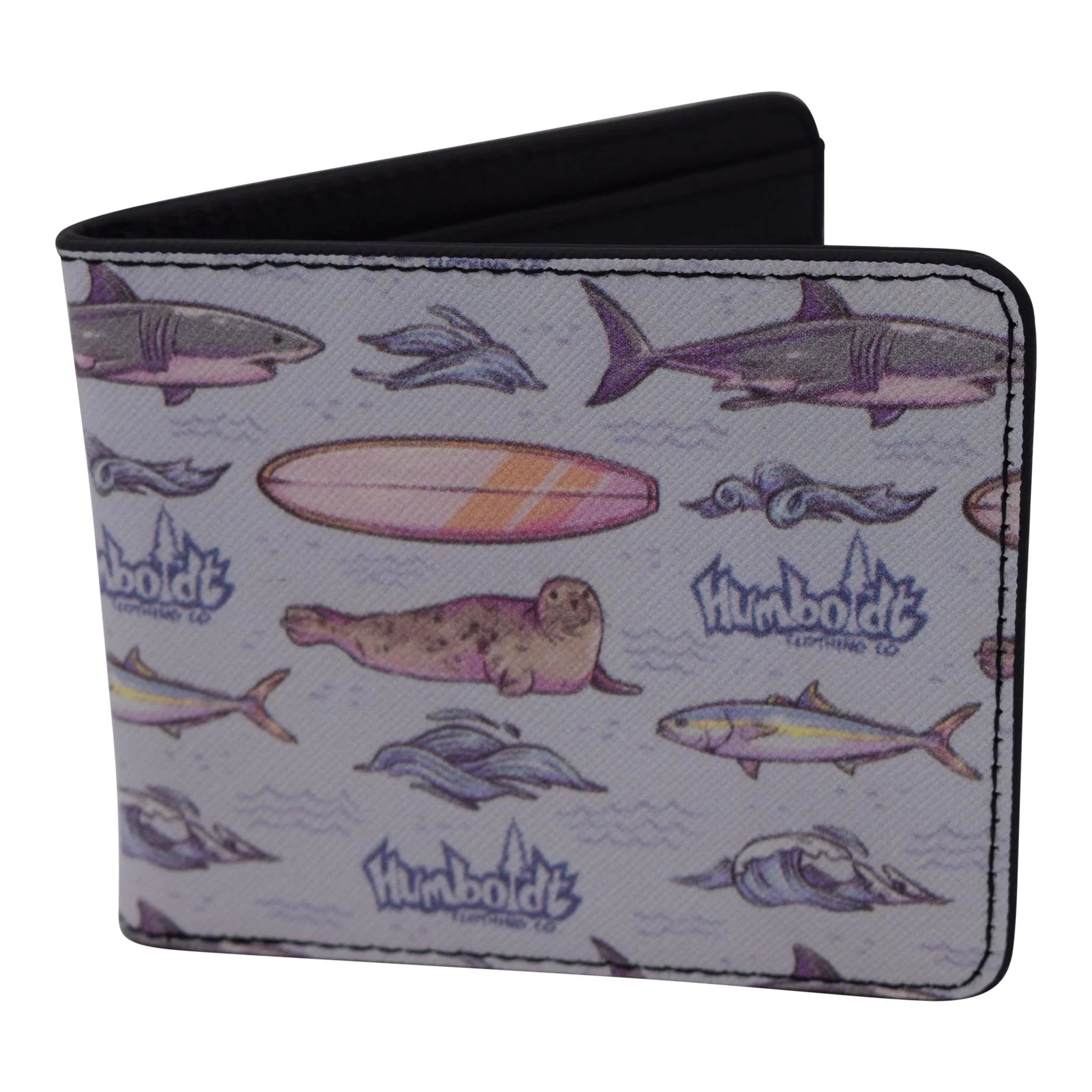 Humboldt Clothing Co. wallet with shark, seal, surfboard & fish print, coastal outdoor style
