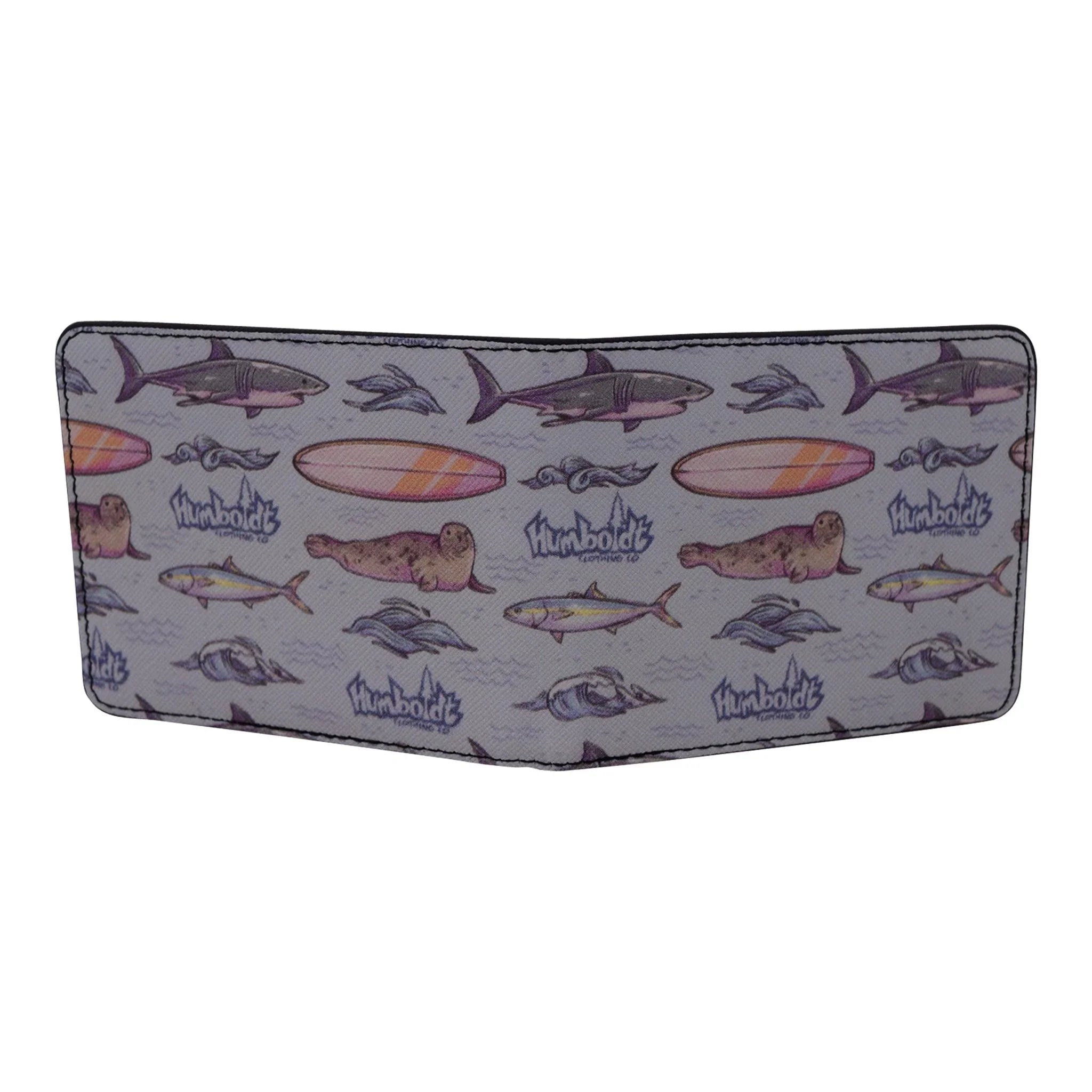 Humboldt Clothing Co. wallet with sharks, seals, surfboards, and ocean waves pattern