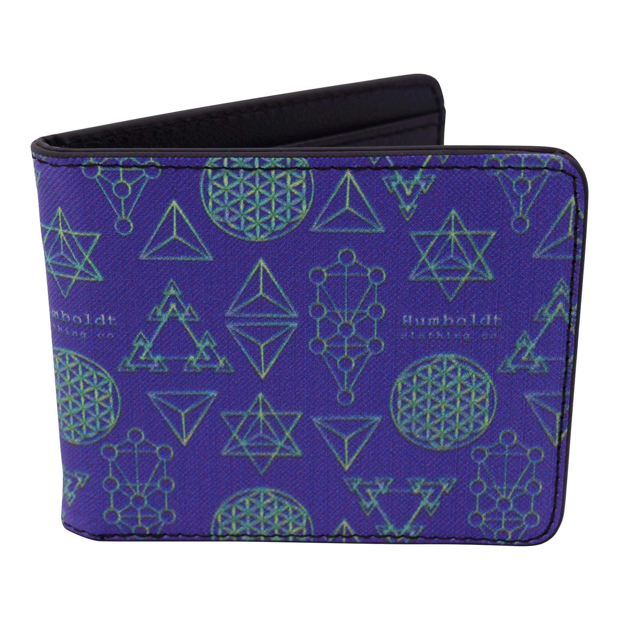 Purple wallet with green sacred geometry patterns, featuring triangles and floral designs for urban streetwear style.