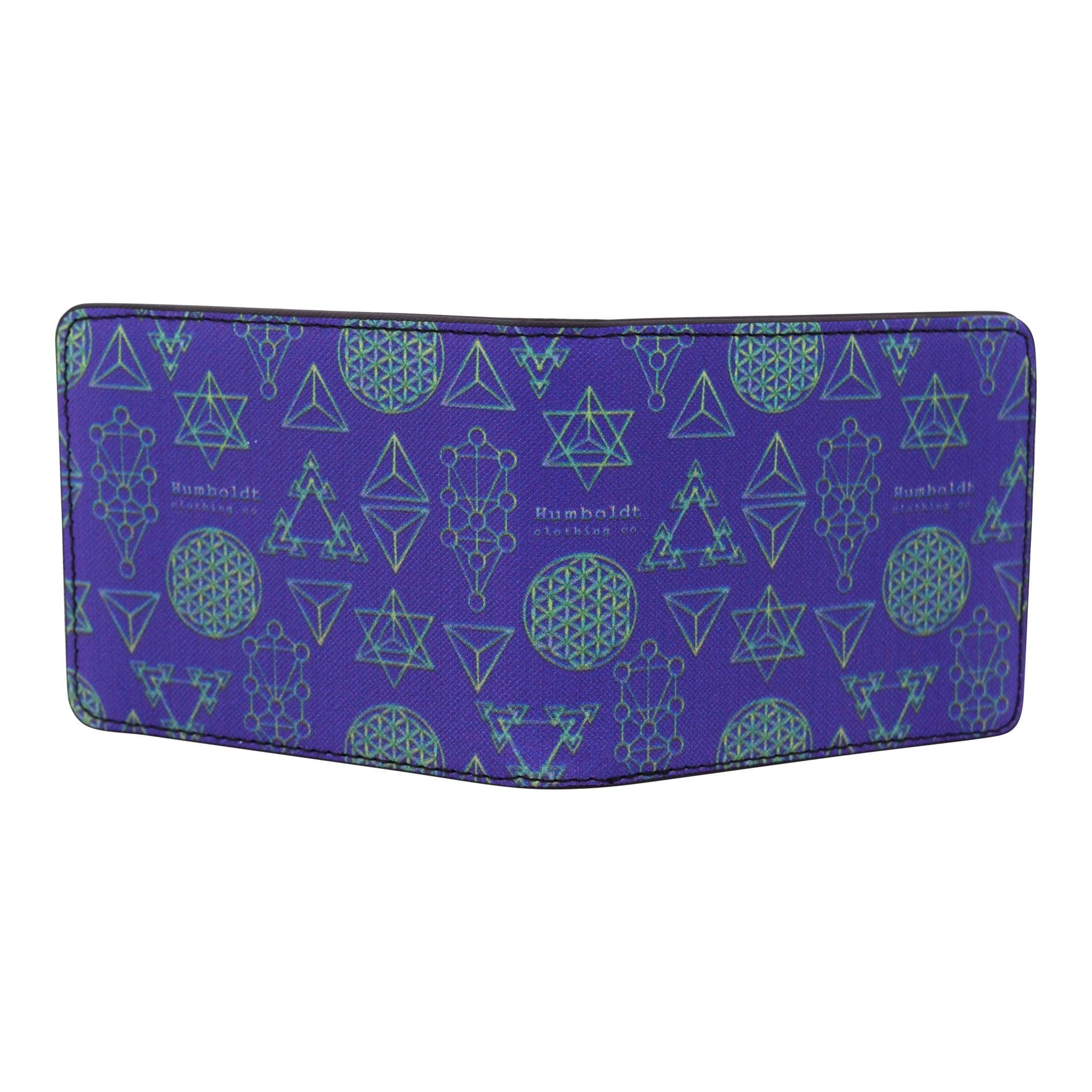Purple wallet with green geometric patterns and sacred symbols, featuring Humboldt Clothing Co branding