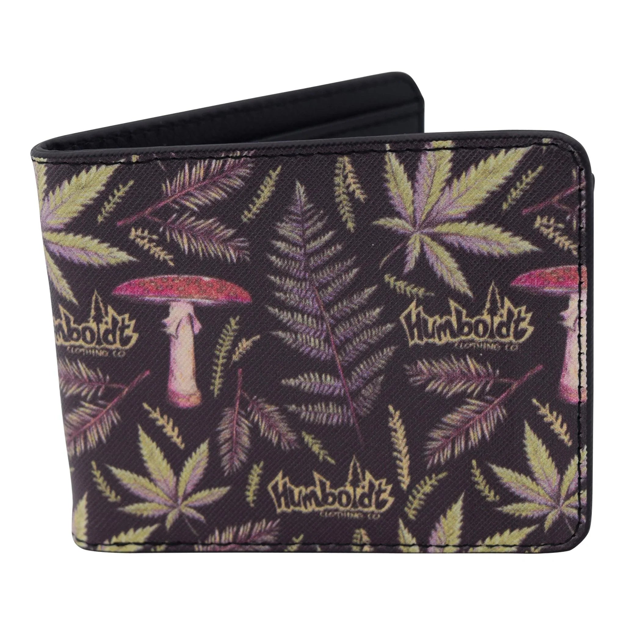 Black wallet with cannabis leaf and mushroom design, featuring Humboldt Clothing Co. branding