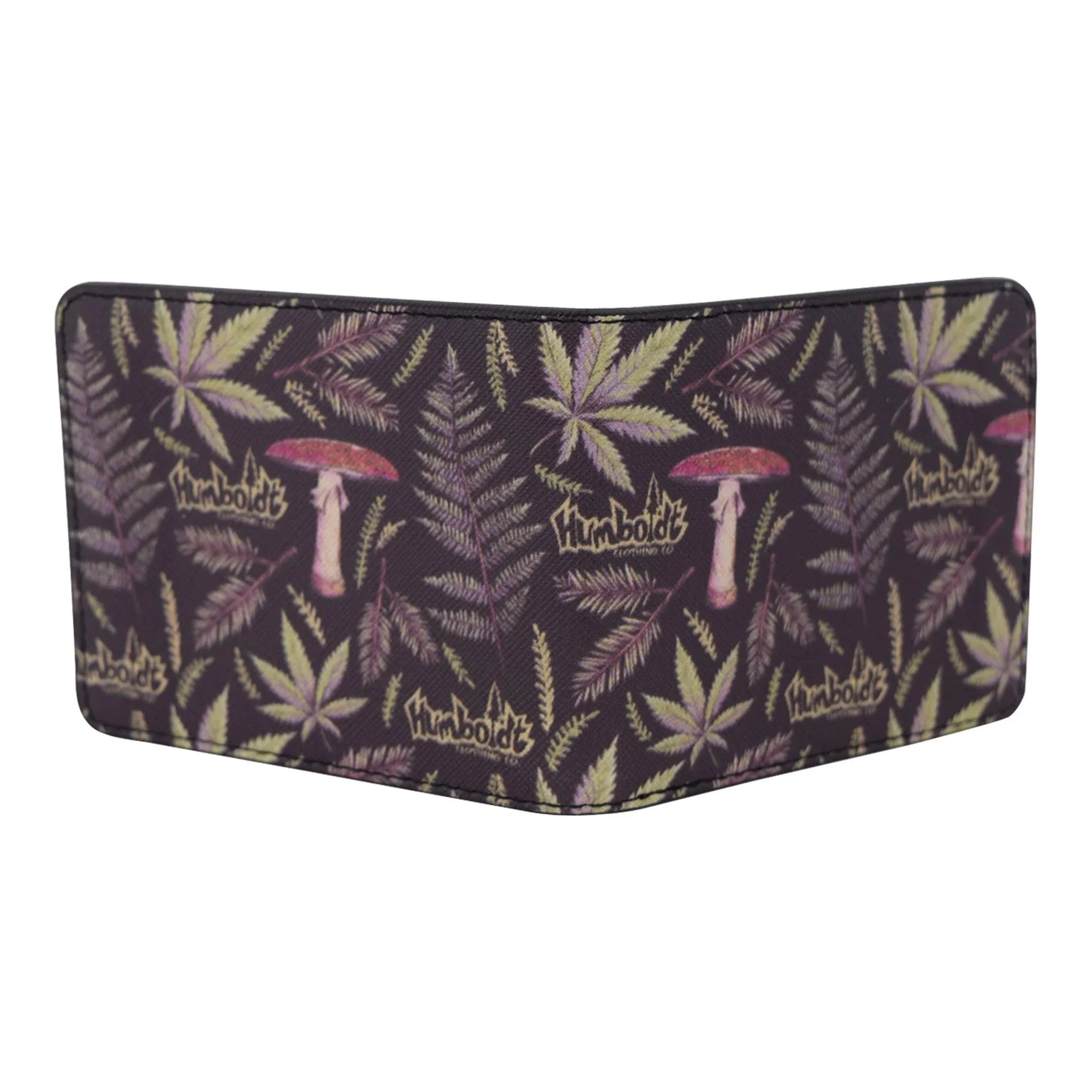 Humboldt-themed wallet with cannabis leaf, fern, and mushroom print on dark background