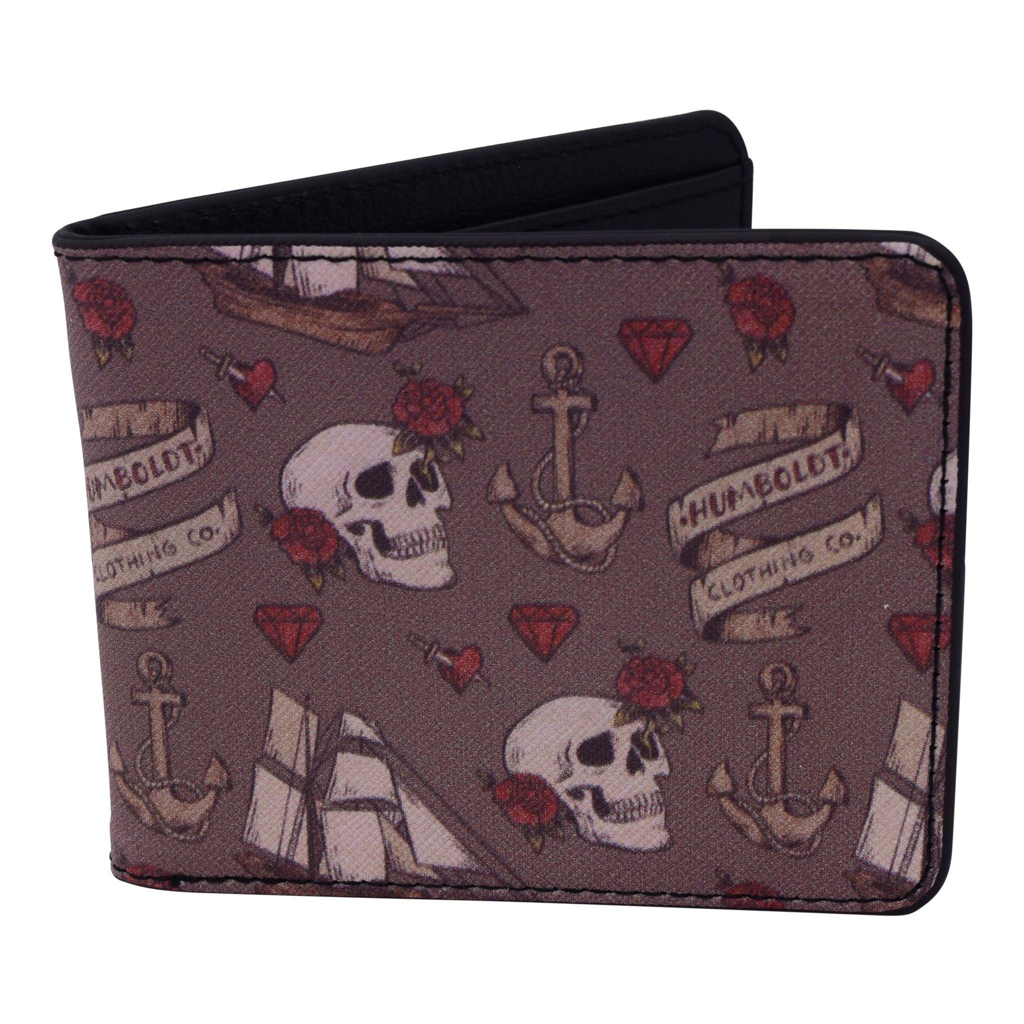 Skull and anchor patterned wallet with roses and Humboldt Clothing Co. banners