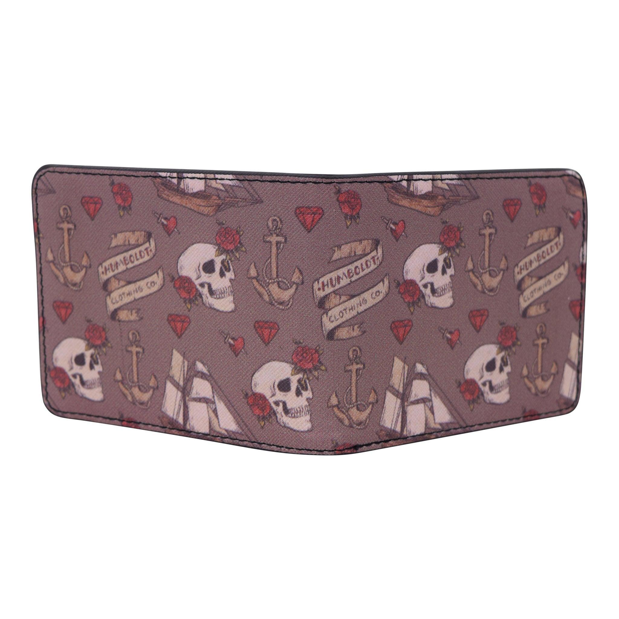 Skull and anchor patterned wallet with roses and banners, vintage tattoo style design