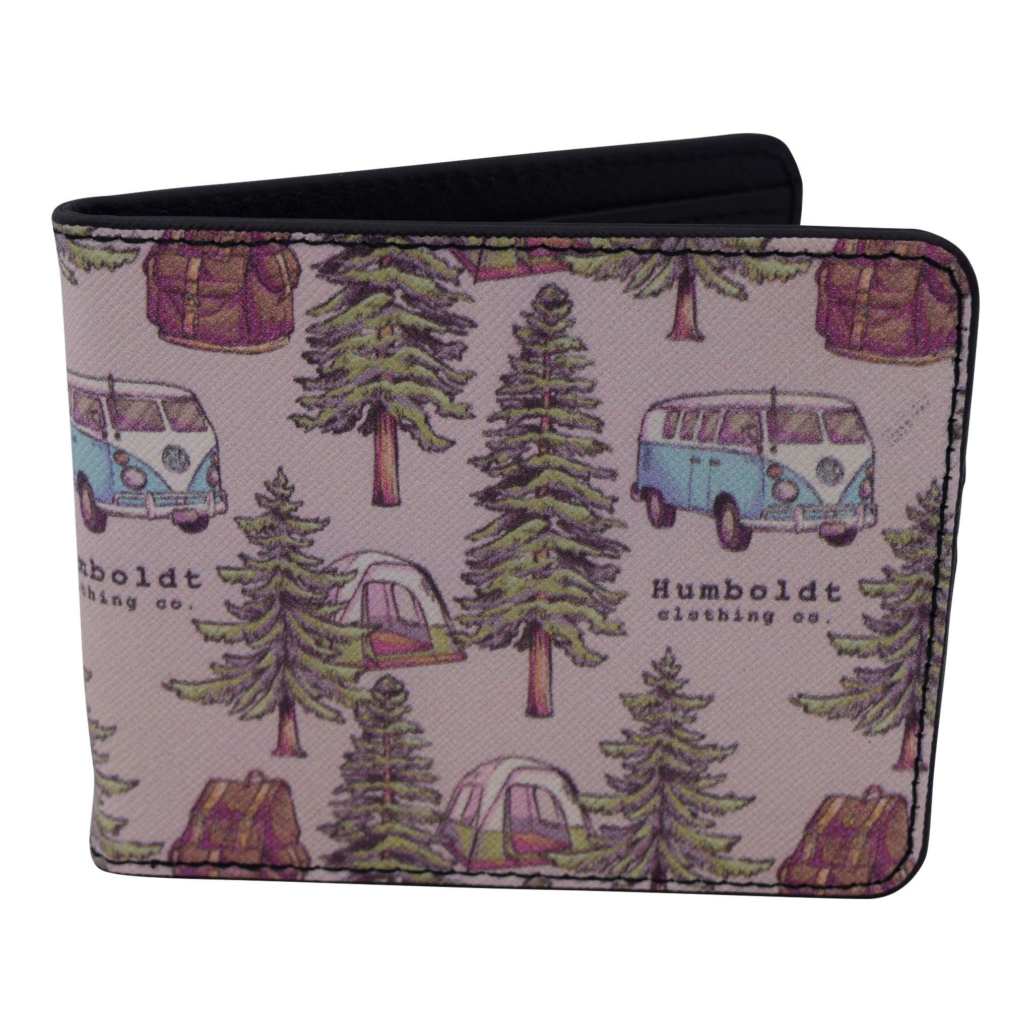 Humboldt-themed wallet with vintage van, pine trees, tents, and backpacks print for outdoor lovers