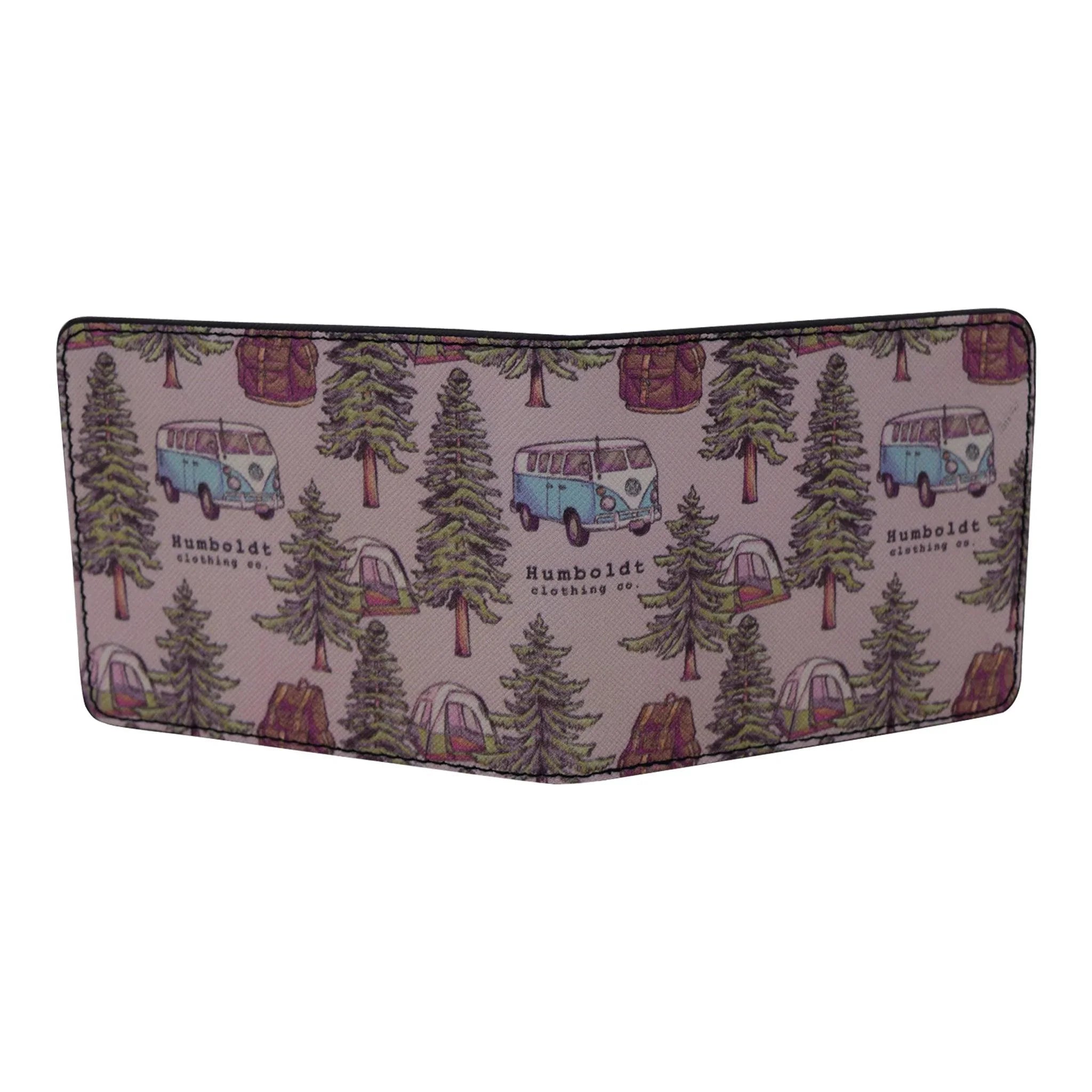 Camping-themed wallet with vintage van, tents, and pine trees print