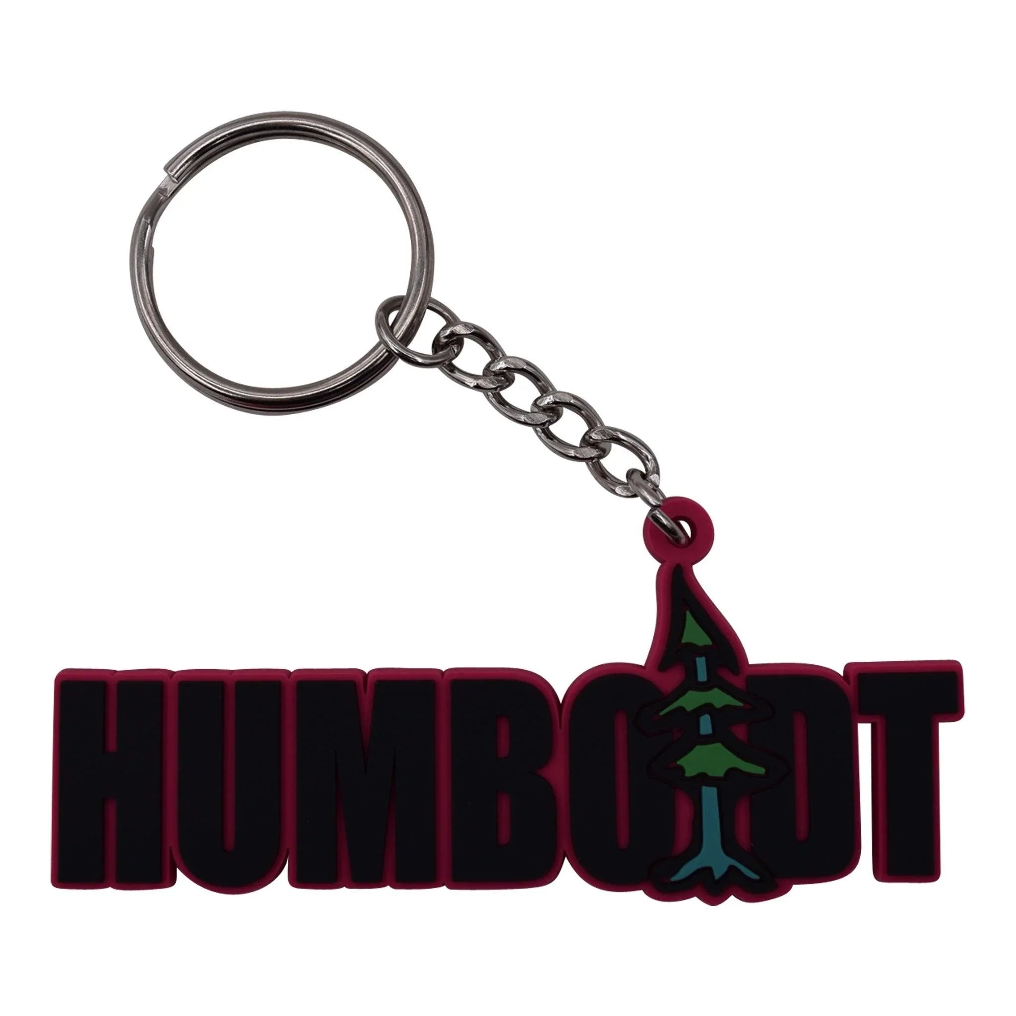 Humboldt keychain with tree design, black and red rubber charm, metal chain and ring