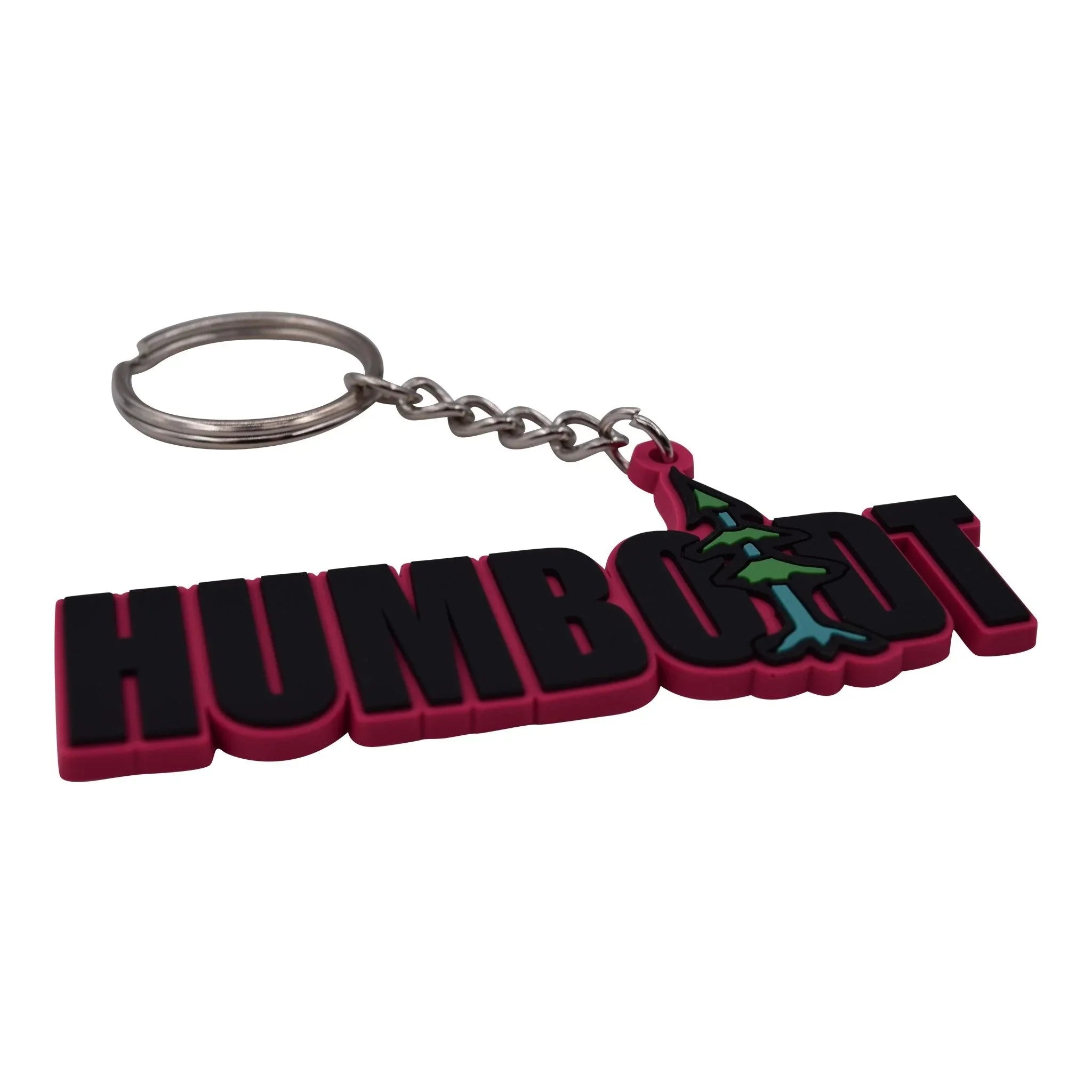 Humboldt rubber keychain with bold black lettering, red base, and green tree design, perfect for outdoor and streetwear fans.