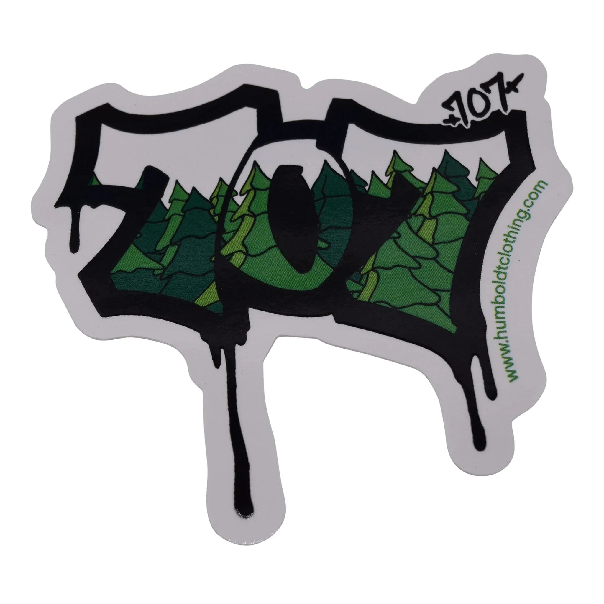 Humboldt 707 sticker with forest design, graffiti-style text, and dripping black ink, reflecting Northern California outdoors style.