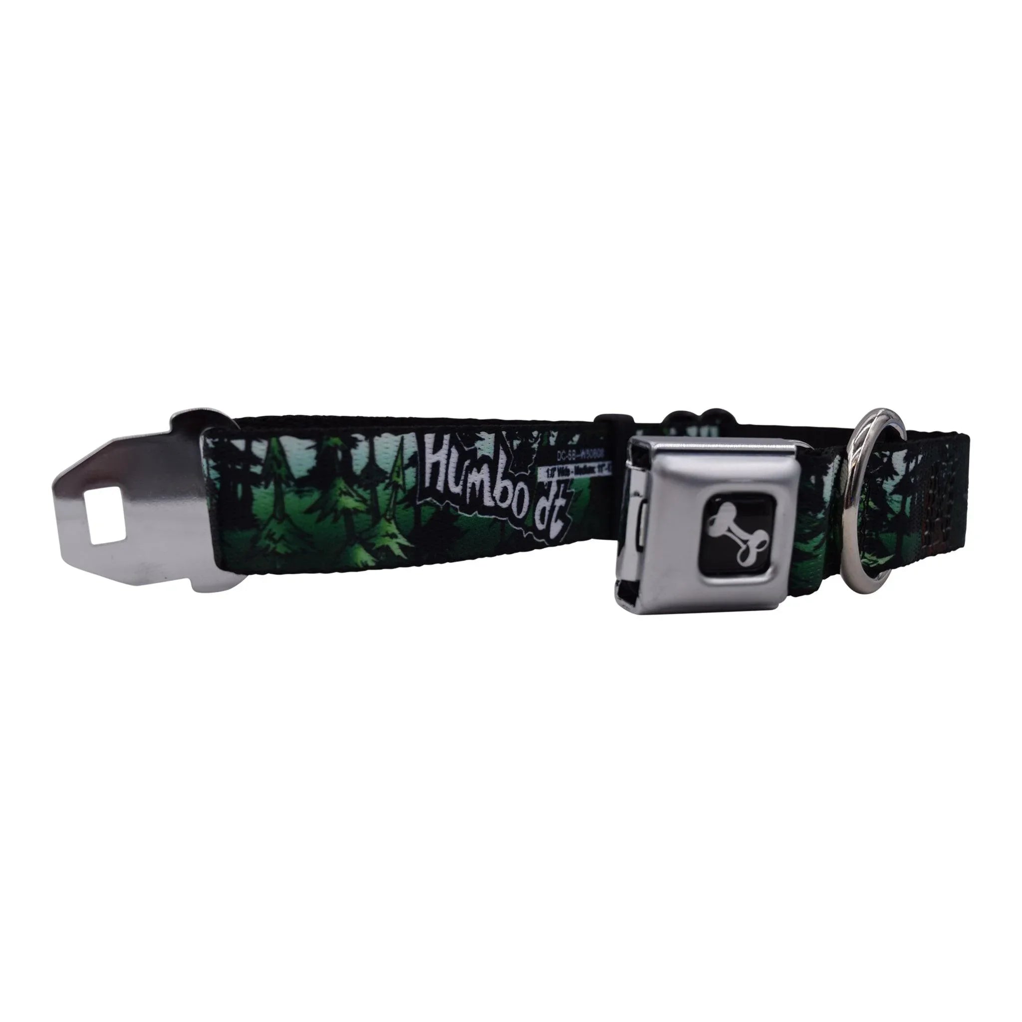Humboldt-themed dog collar with forest print and seatbelt buckle, featuring 'Humboldt' text and bone logo.