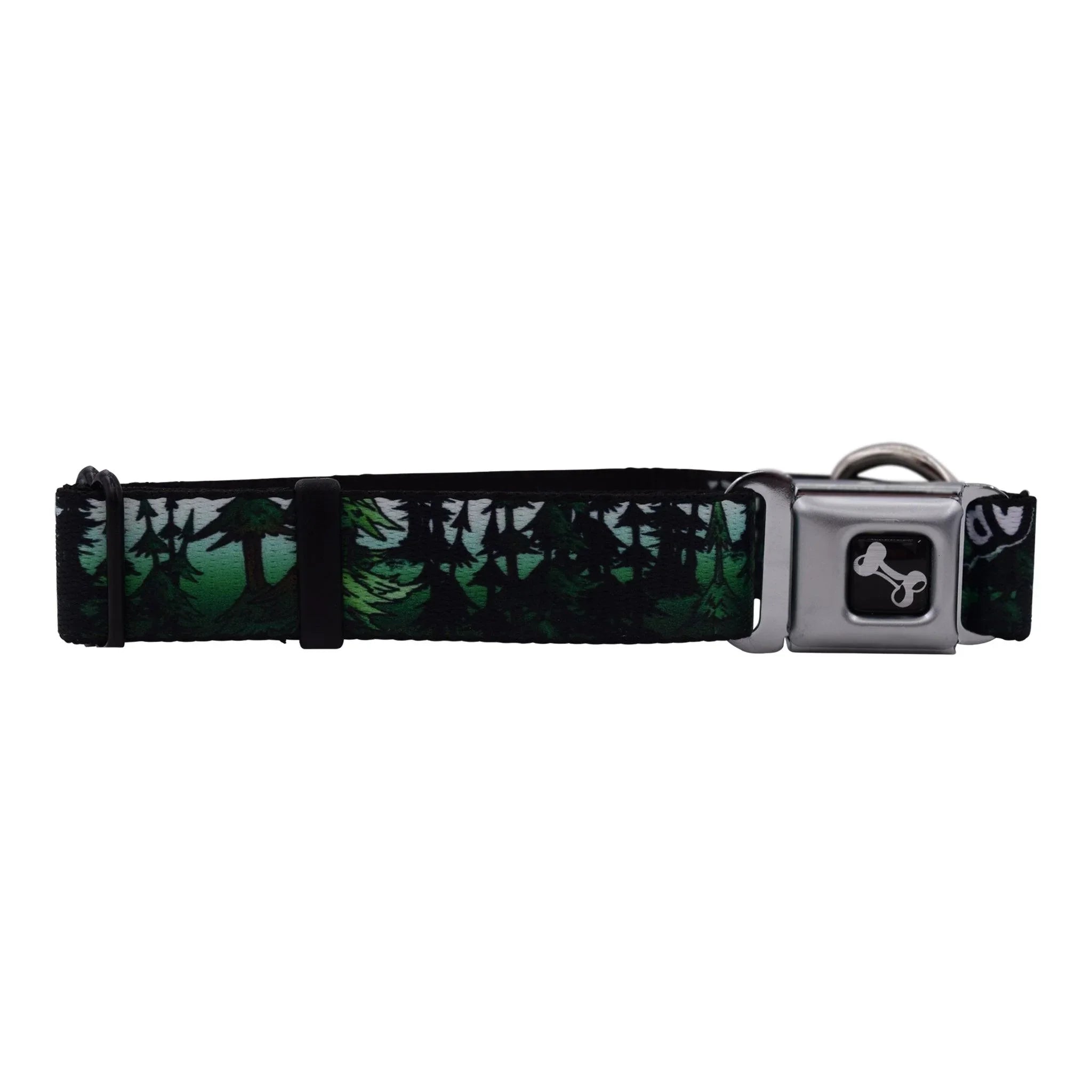 Forest-themed dog collar with green pine tree print and metal buckle, perfect for outdoor adventures.