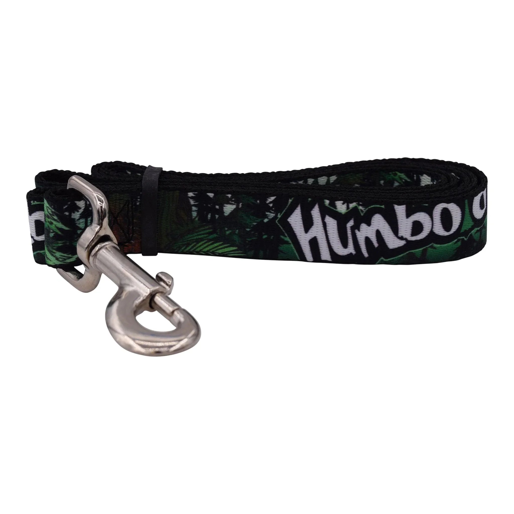 Humboldt-themed dog leash with forest print and bold white lettering, featuring sturdy metal clasp for outdoor adventures.