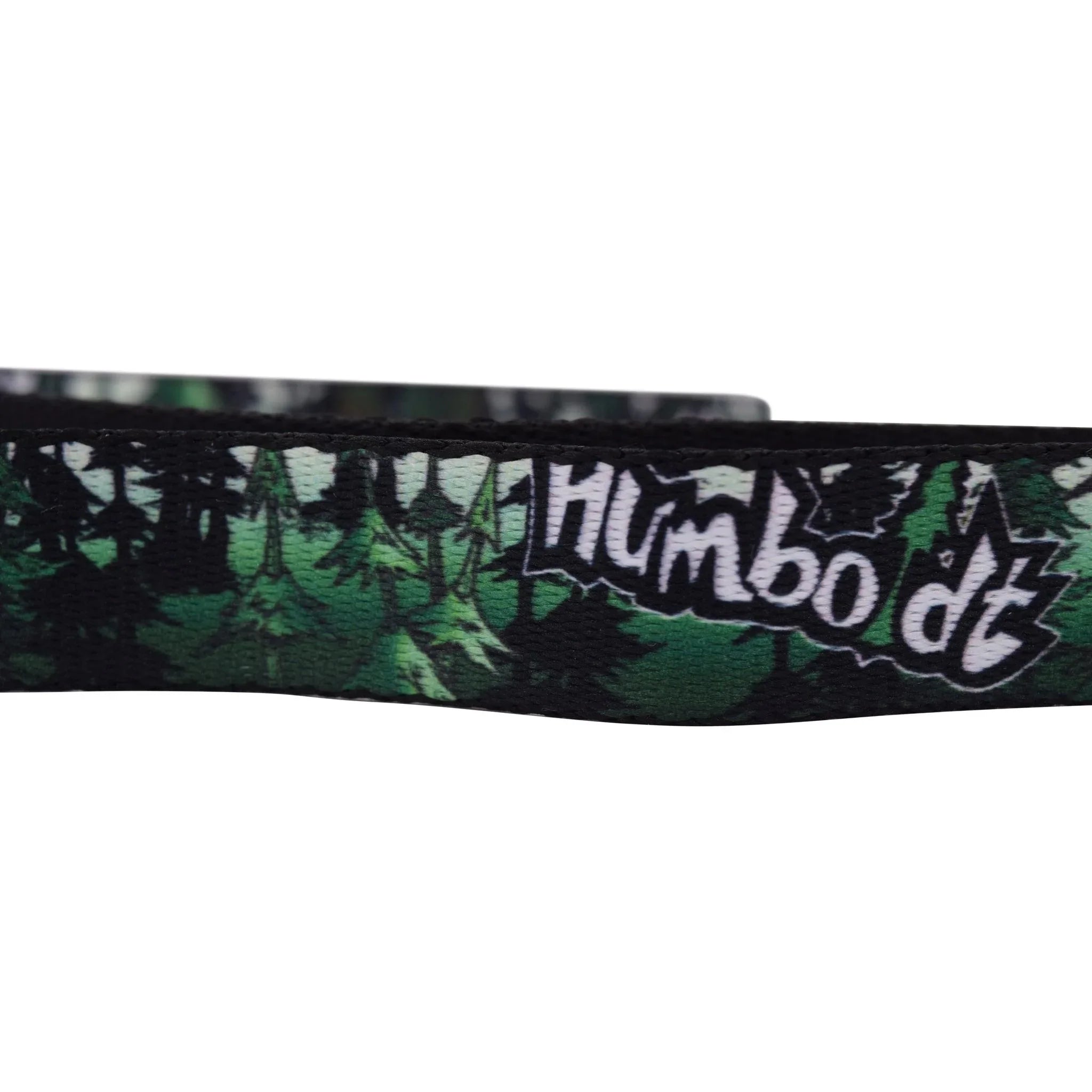Humboldt forest print belt with green trees and bold lettering, outdoor style accessory