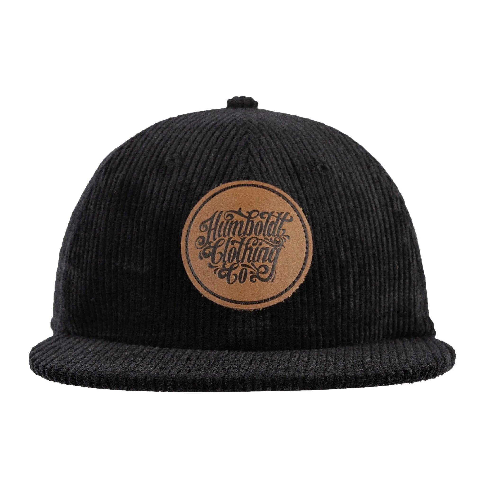 Black corduroy snapback hat with leather Humboldt Clothing Co patch, rugged outdoor style