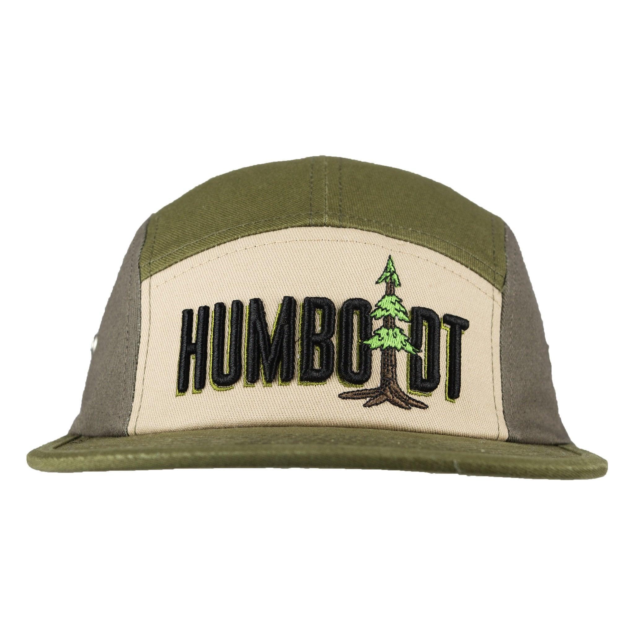 Humboldt tree logo snapback hat, olive and beige, outdoor streetwear style