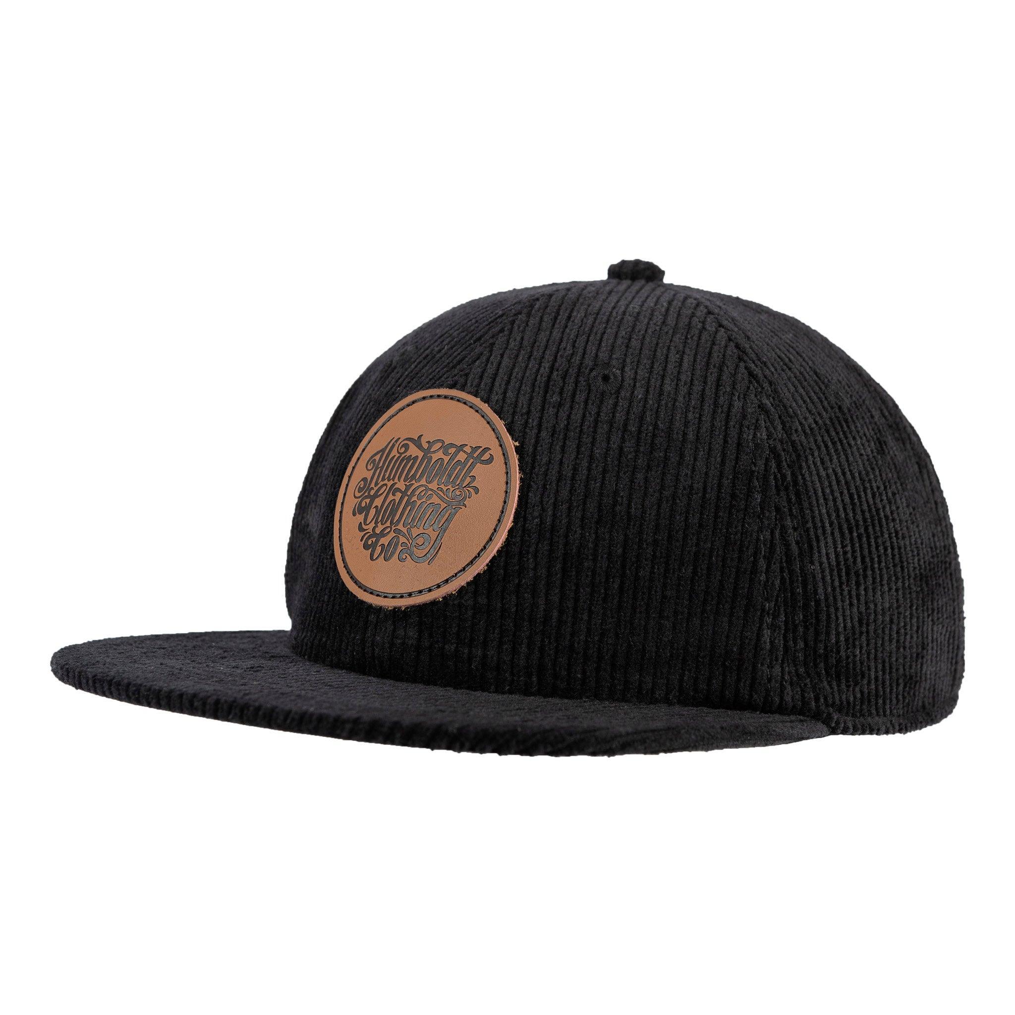 Black corduroy snapback hat with leather patch, Humboldt Clothing Co. logo, urban streetwear style