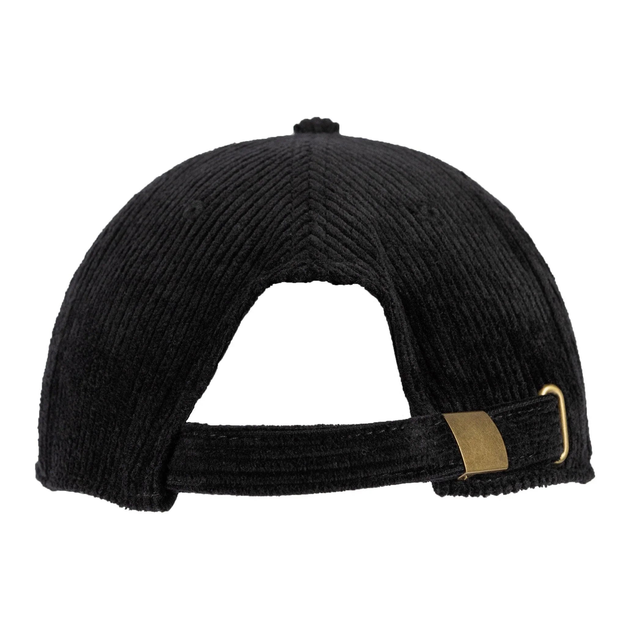 Black corduroy baseball cap with gold buckle, rugged outdoor style