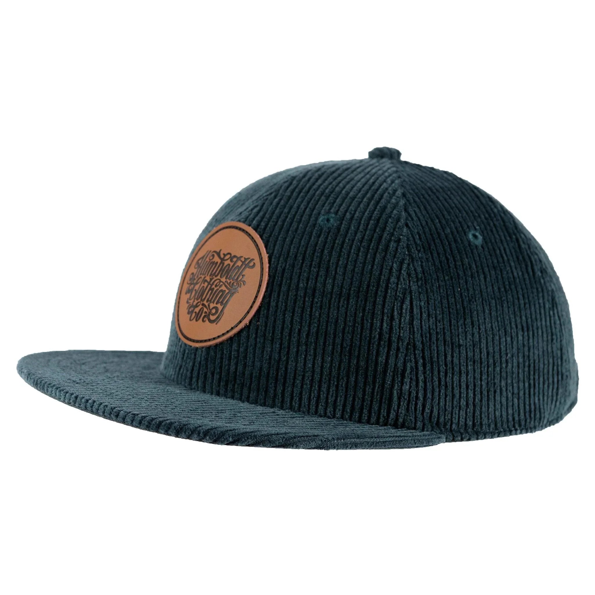 Dark corduroy snapback hat with leather patch, rugged outdoor style for Humboldt County vibes