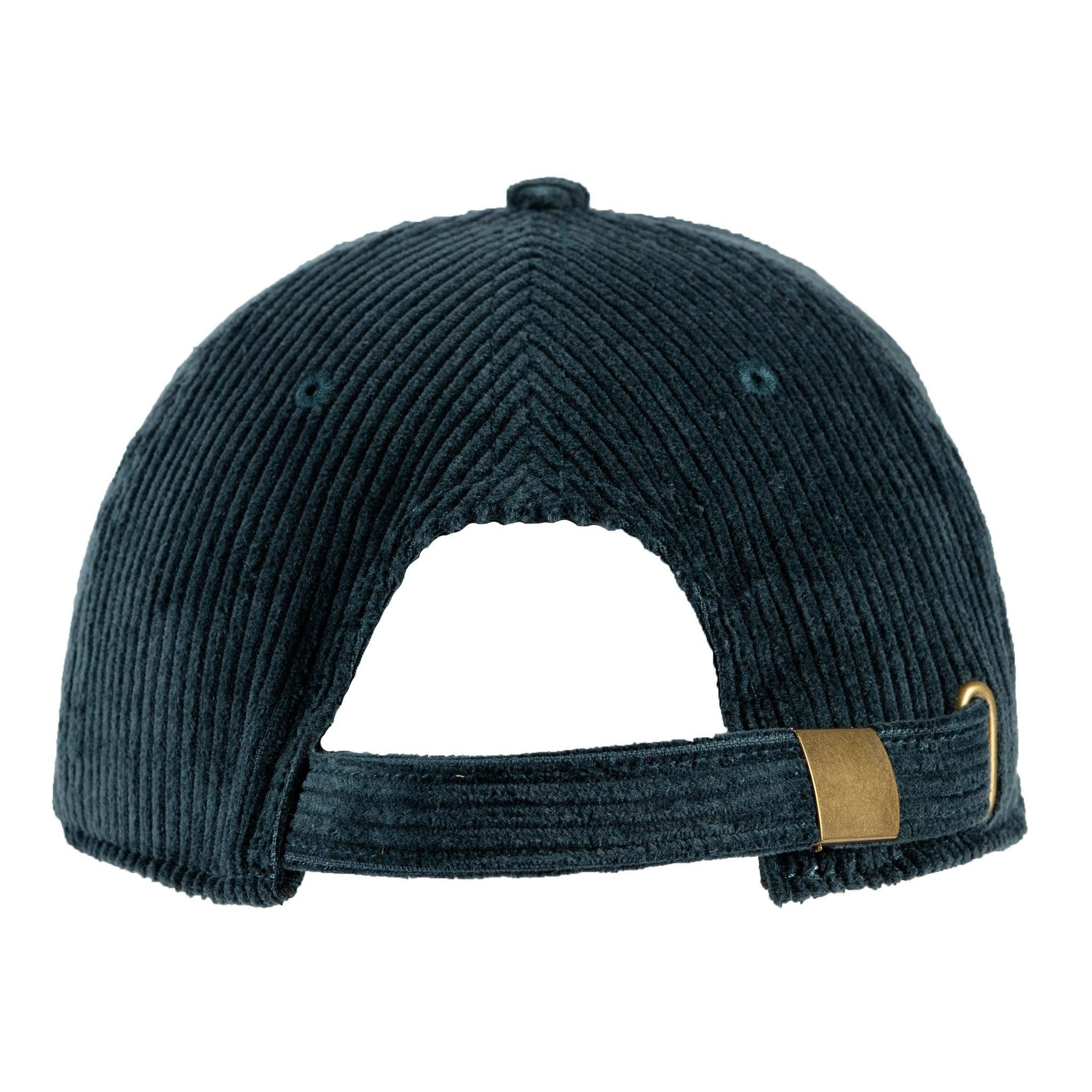 Dark corduroy baseball cap with gold buckle, back view, rugged outdoor style