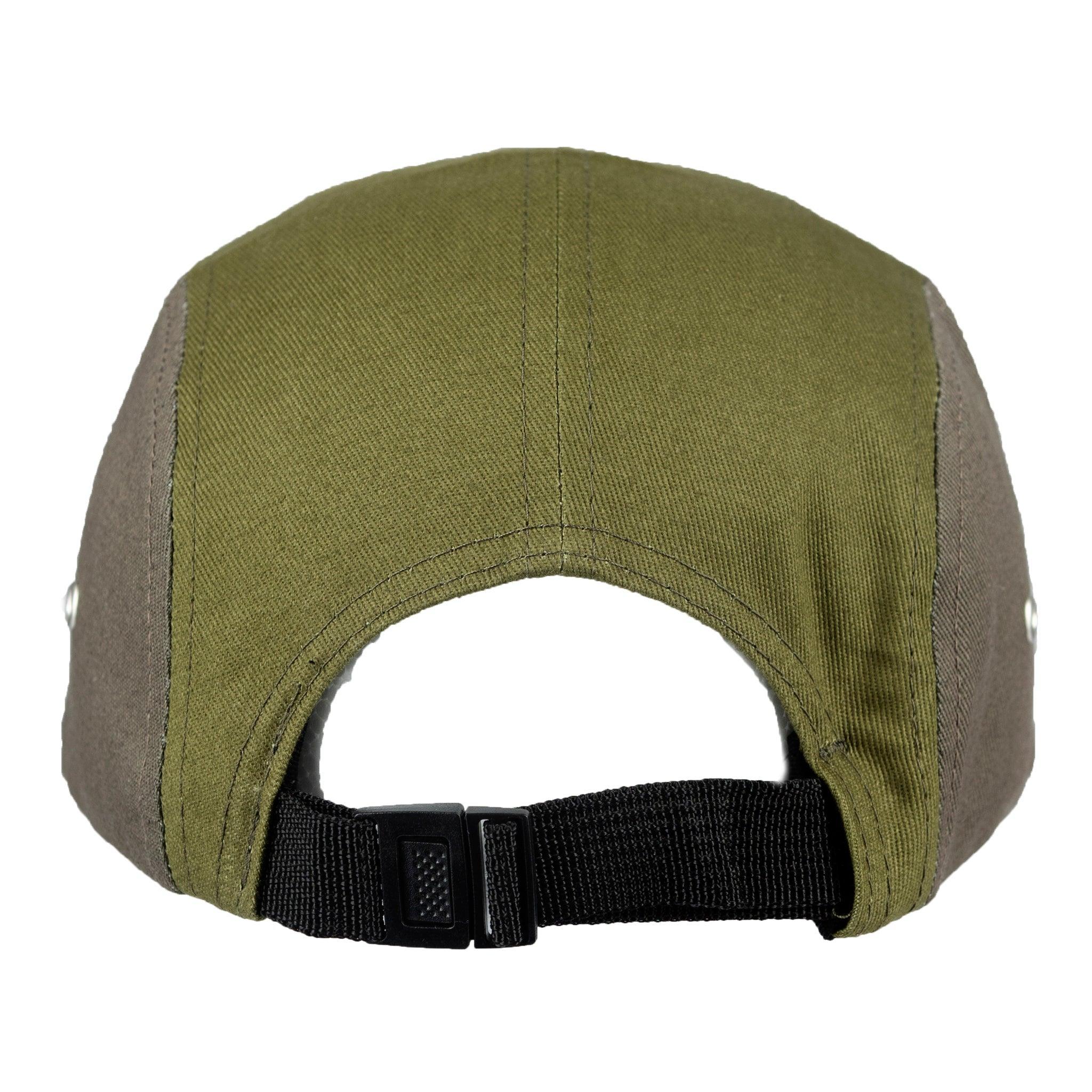 Olive green and gray adjustable cap with black buckle back, ideal for outdoor and streetwear styles.
