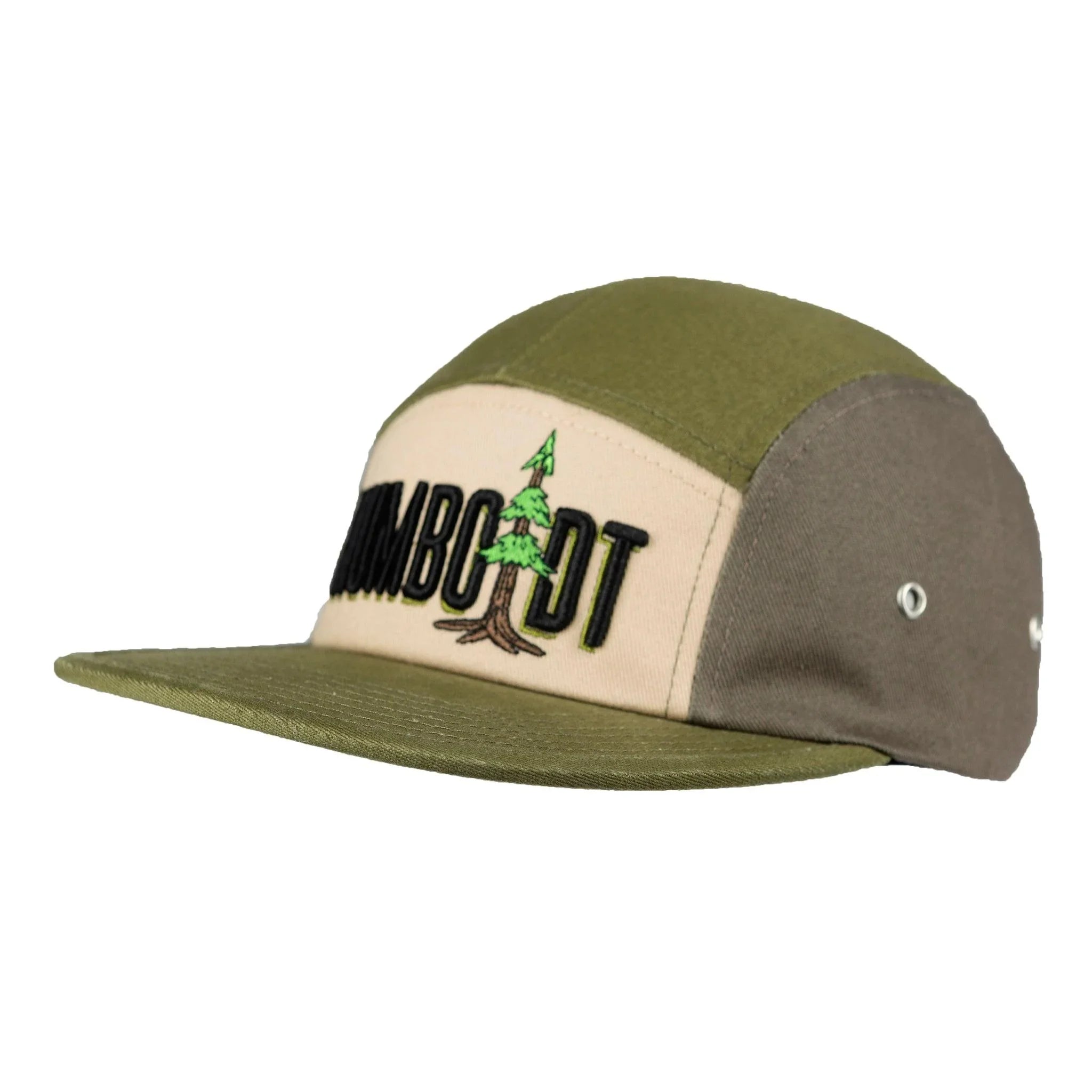 Olive and beige 5-panel cap with embroidered tree logo, perfect for outdoor and streetwear styles.