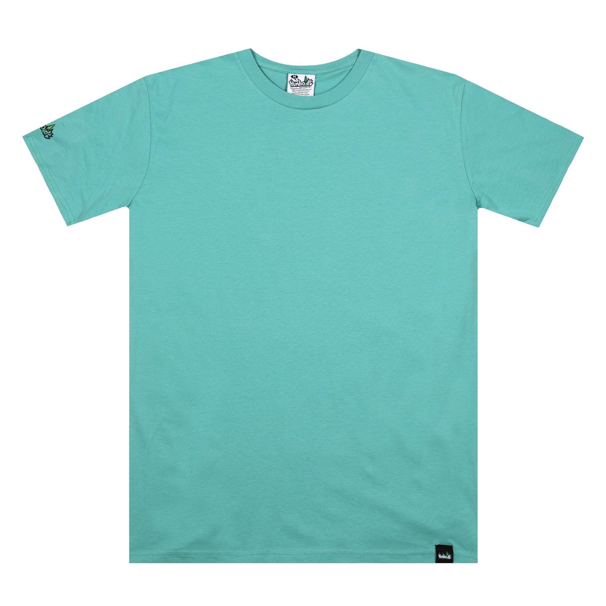 Mint green crew neck t-shirt with small logo on sleeve and hem, inspired by Humboldt County outdoors style