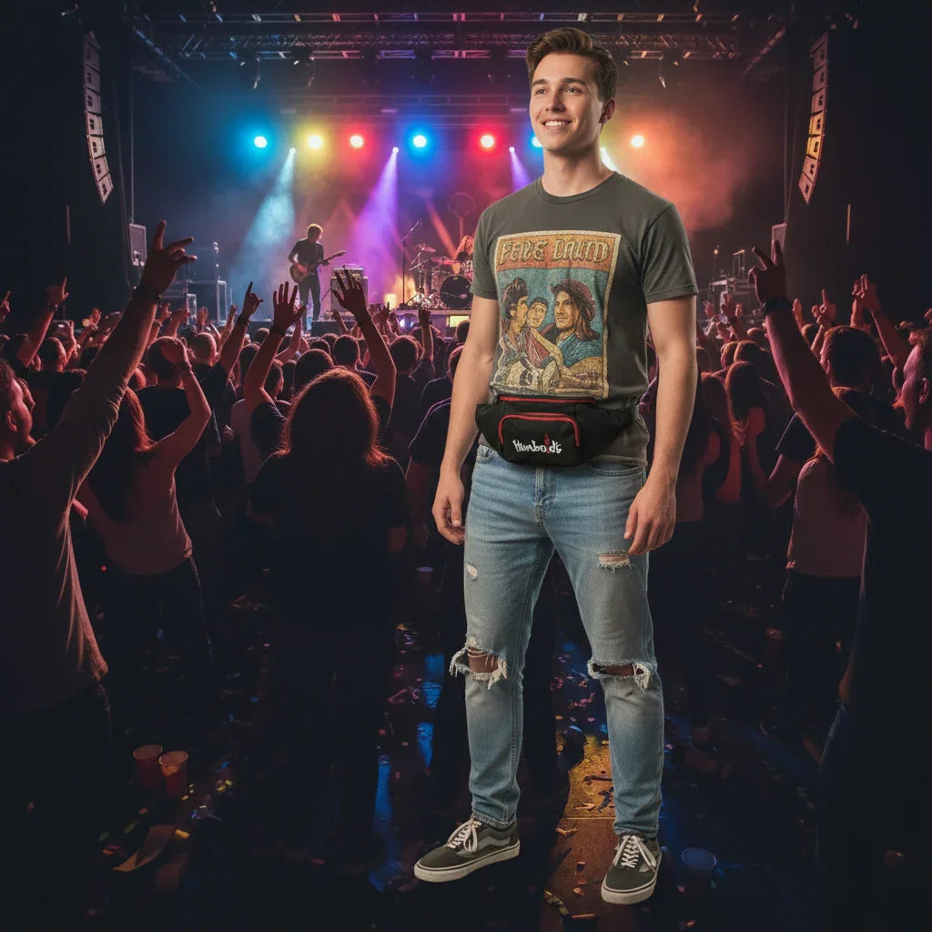 Man in graphic tee and ripped jeans at concert, wearing Humboldt fanny pack, urban streetwear style
