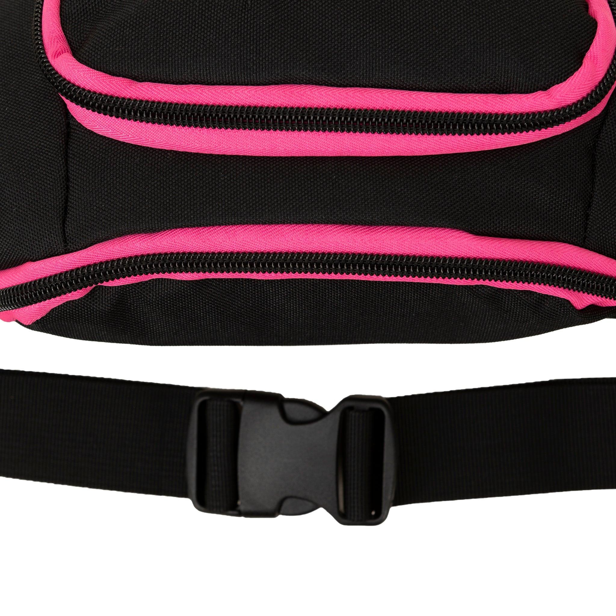 Black fanny pack with pink zipper accents and adjustable belt buckle, ideal for outdoor adventures and streetwear style.