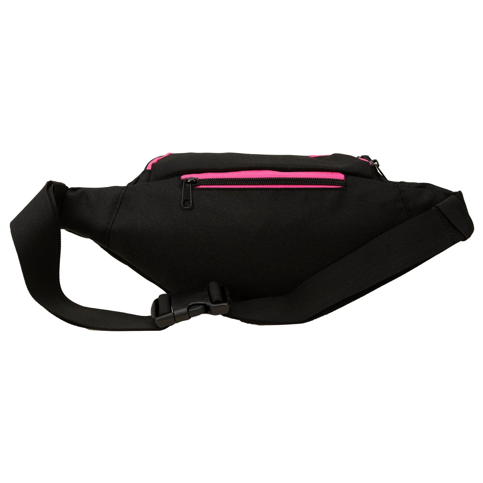 Black fanny pack with pink zipper, adjustable strap, urban streetwear accessory for outdoor adventures