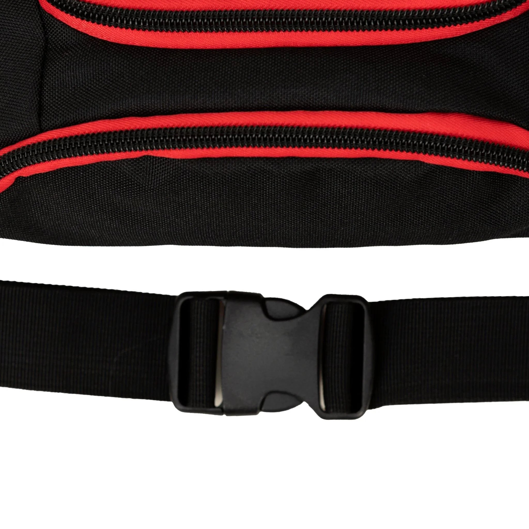 Black fanny pack with red zipper accents and adjustable strap, ideal for outdoor adventures and urban streetwear.